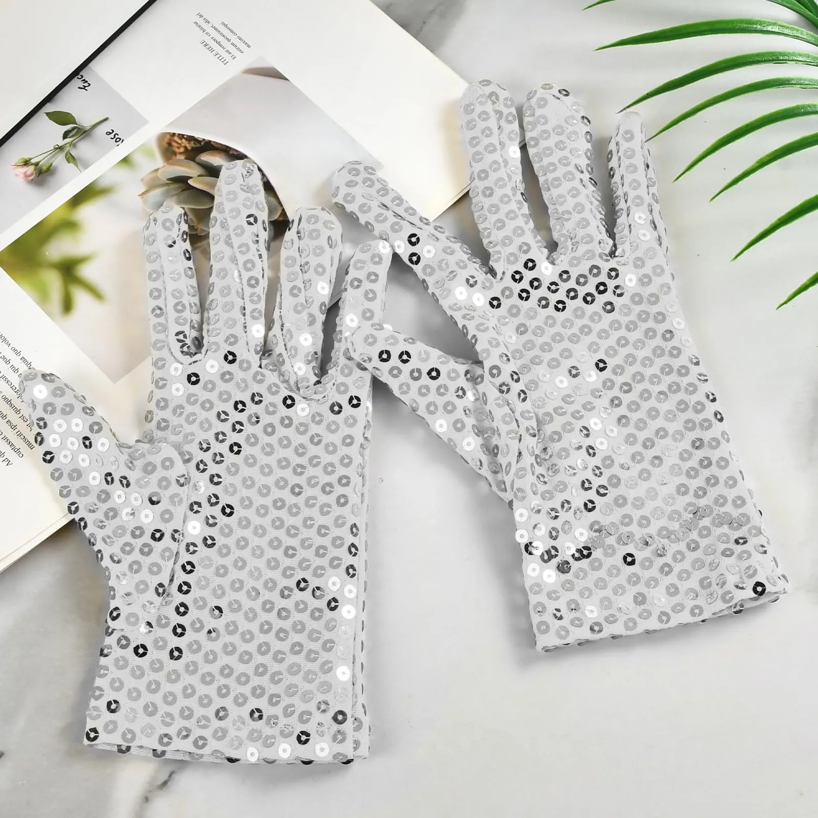 YUEXNKO Guanti Unisex con Paillettes, Bianco - immagine 3