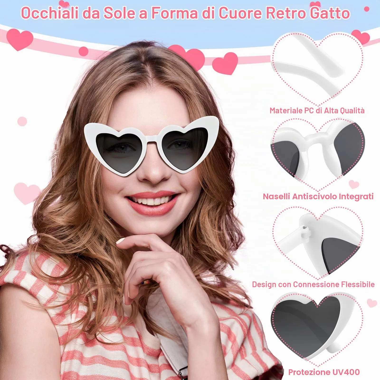 BOUBONI Occhiali da sole a forma di cuore vintage, bianco, 71 millimètres - immagine 3