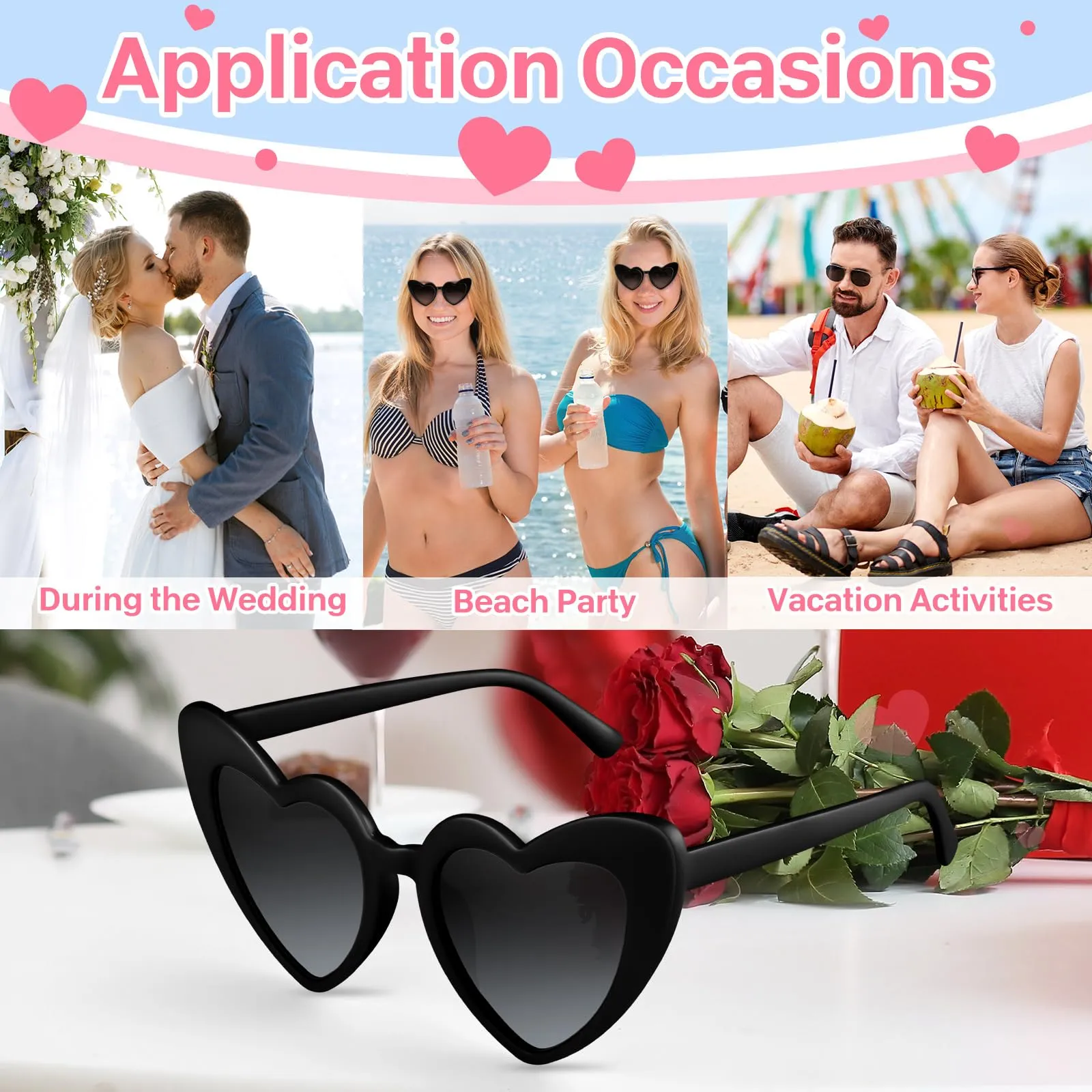 BOUBONI Occhiali da Sole Vintage a Forma di Cuore per Donne, Nero - immagine 4