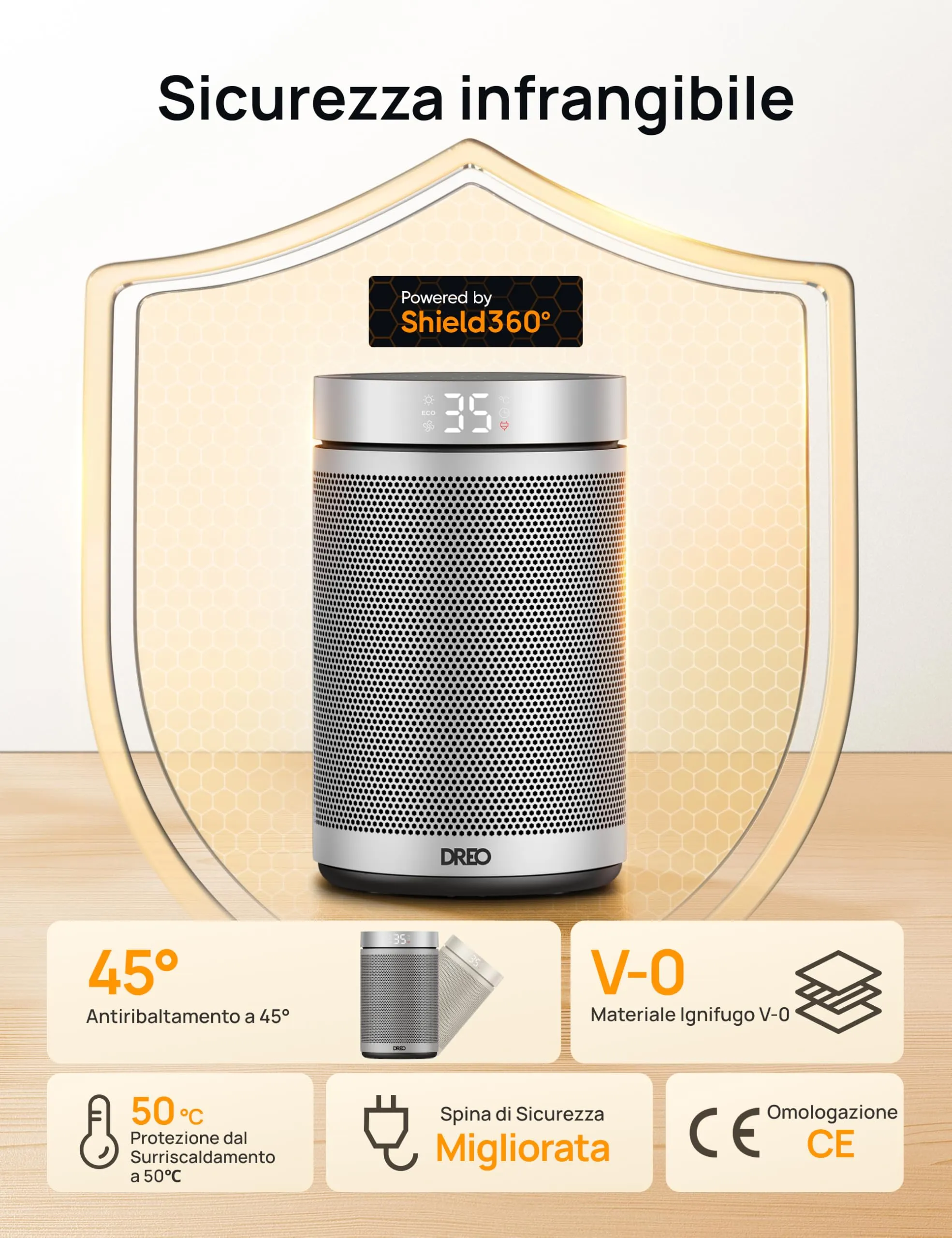 Dreo Atom 316 Termoventilatore Ceramico PTC 1500W, 34 dB Silenzioso, Termostato, Timer 12H, Argento - immagine 5