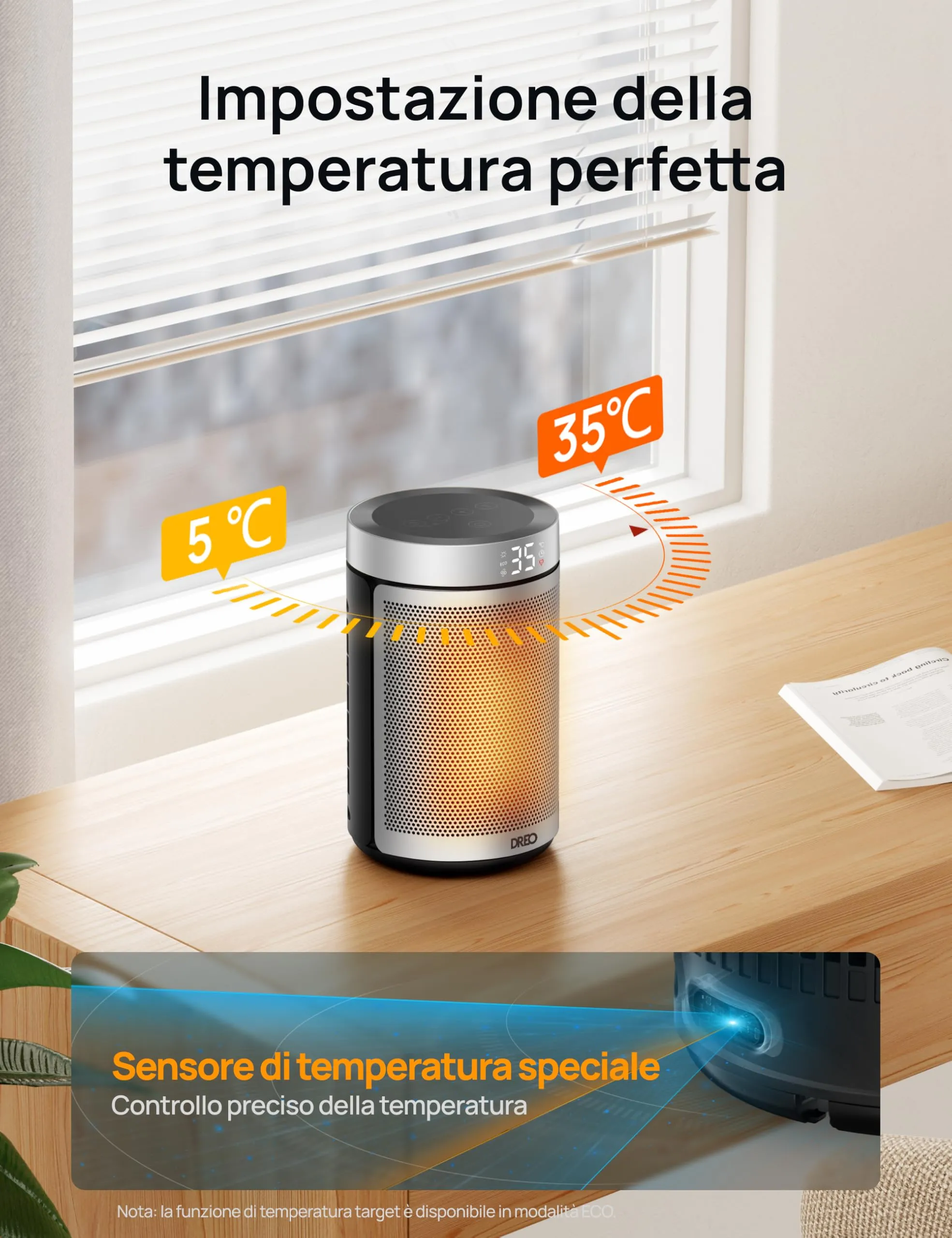 Dreo Atom 316 Termoventilatore Ceramico PTC 1500W, 34 dB Silenzioso, Termostato, Timer 12H, Argento - immagine 6