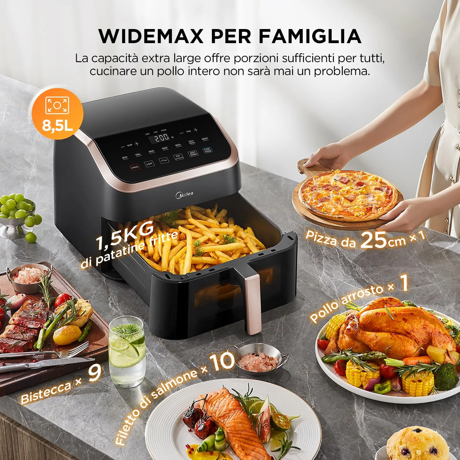 Midea Friggitrice ad Aria 8 in 1, 2200W, 8.5 L, MAD85F9BPK - immagine 4