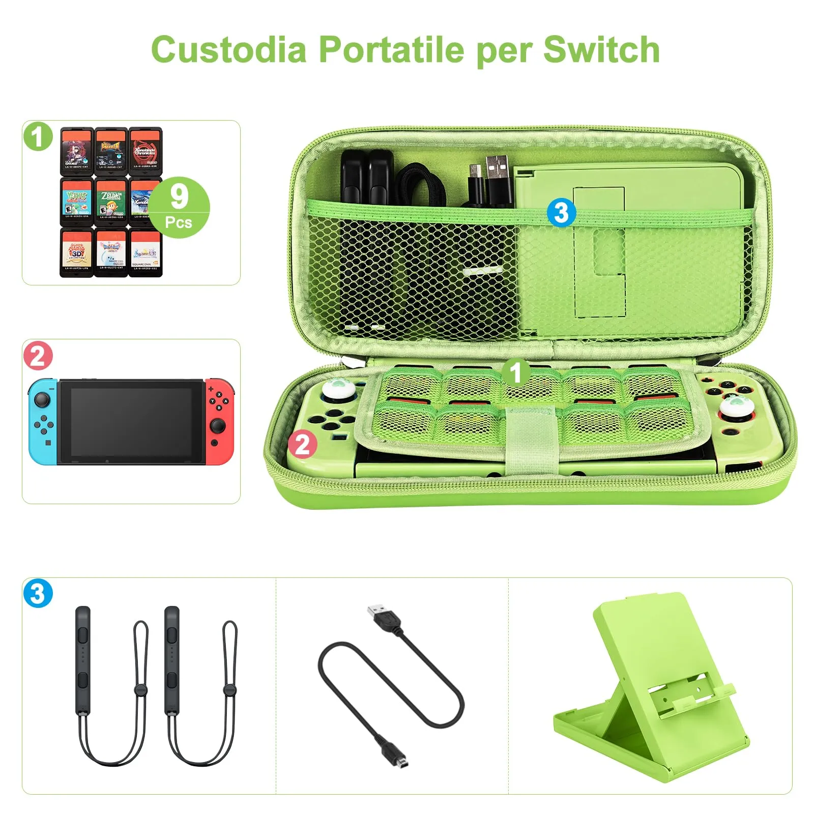 Younik Kit Accessori 17 in 1 per Switch, Include Custodia, Supporto Regolabile, Custodia Protettiva e J-Con (Verde) - immagine 2