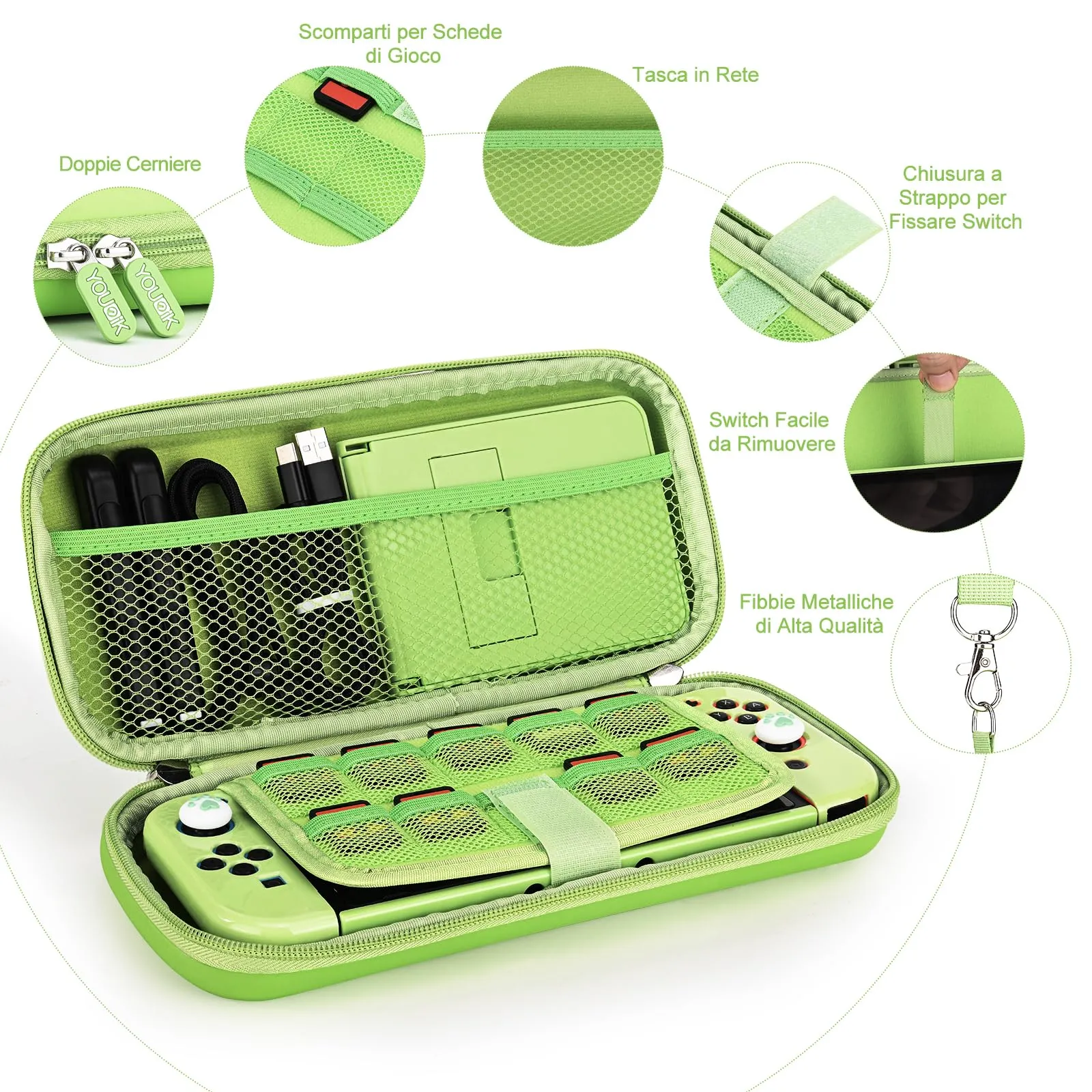 Younik Kit Accessori 17 in 1 per Switch, Include Custodia, Supporto Regolabile, Custodia Protettiva e J-Con (Verde) - immagine 3