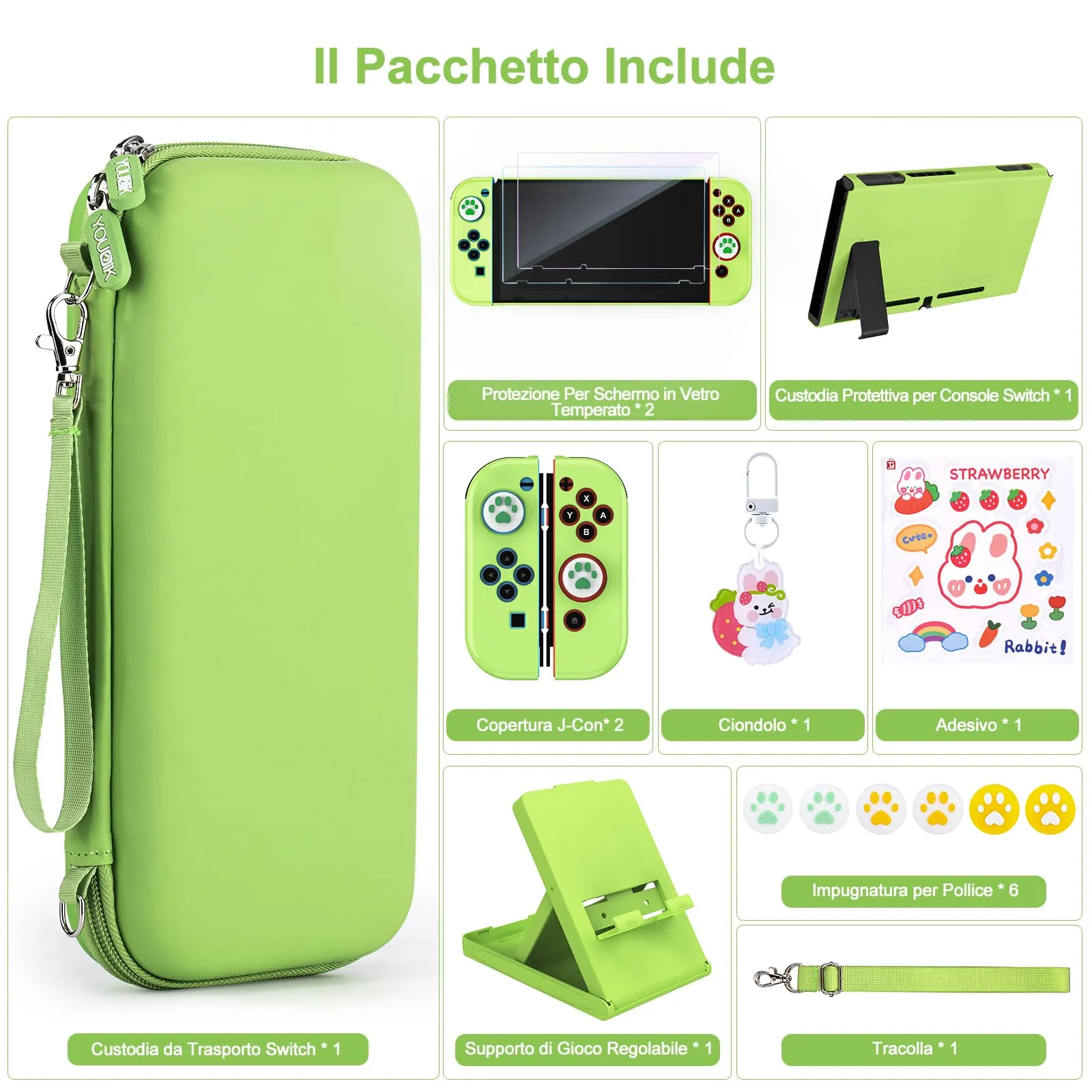 Younik Kit Accessori 17 in 1 per Switch, Include Custodia, Supporto Regolabile, Custodia Protettiva e J-Con (Verde) - immagine 4