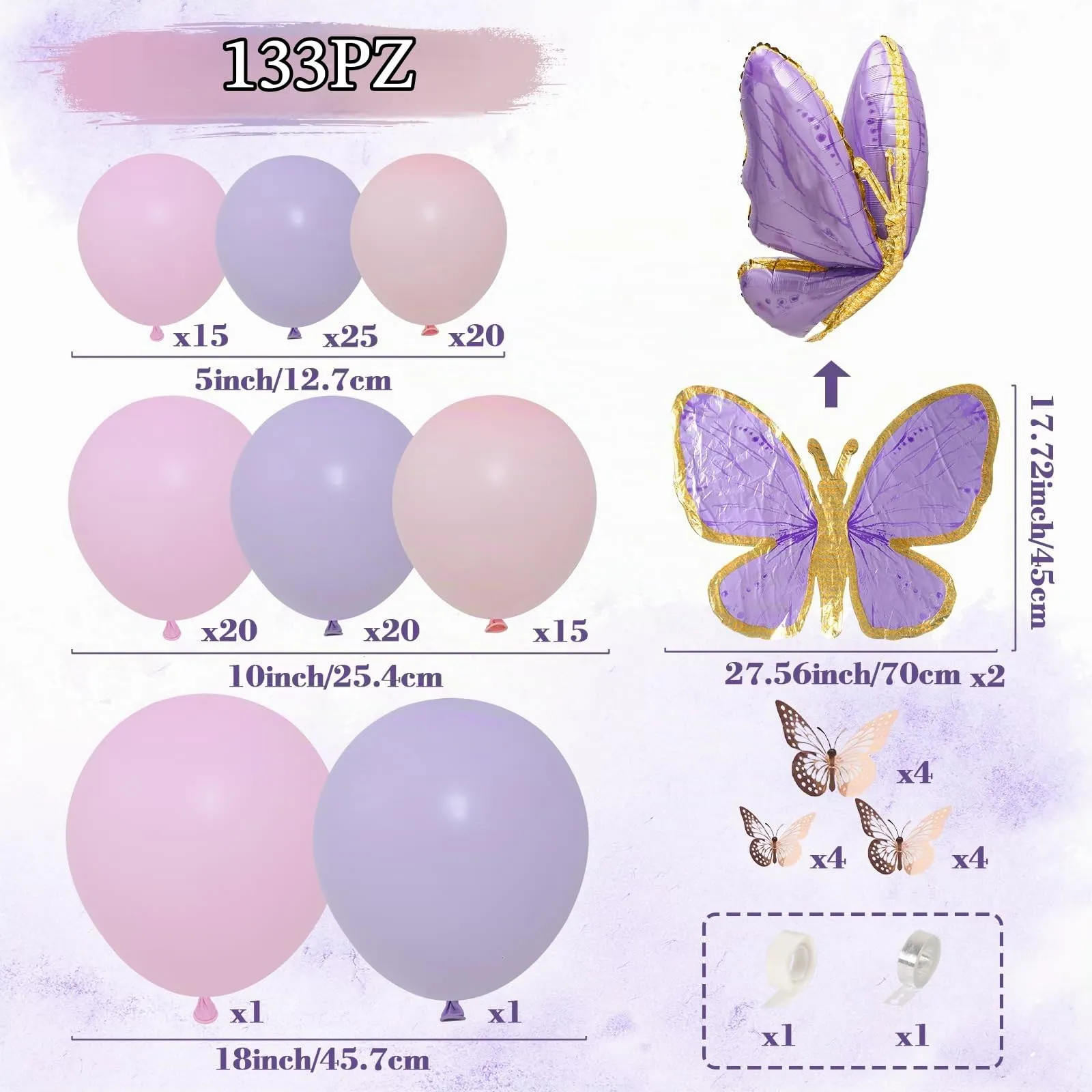 Frigg Kit Arco Palloncini Lilla e Rosa con Farfalle, 133 Pezzi - immagine 2