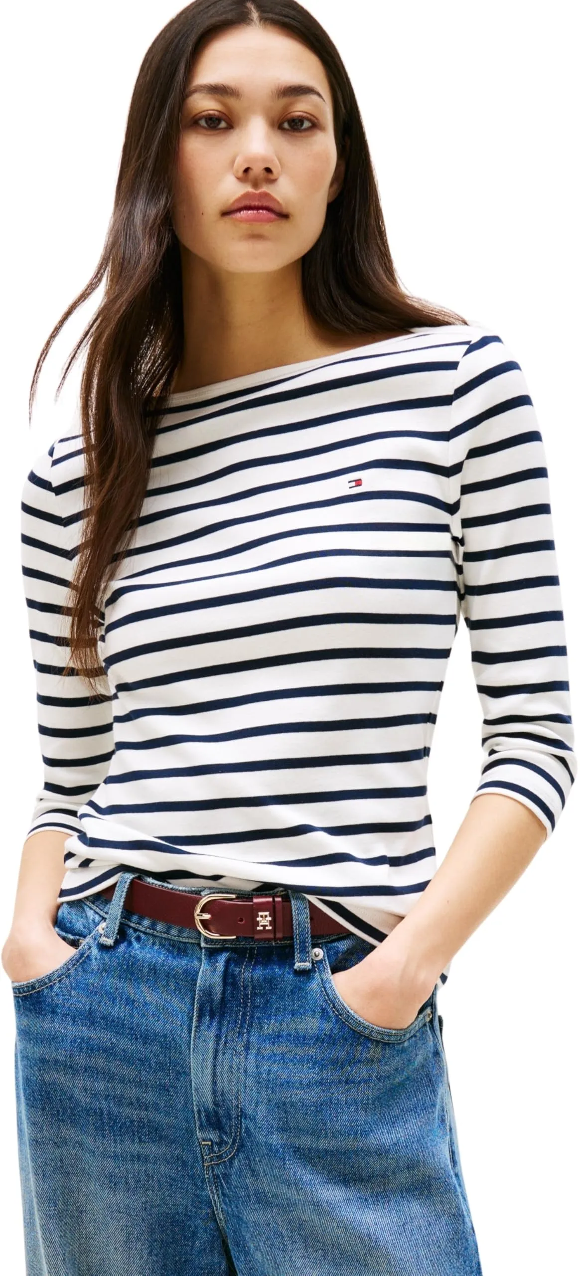 Tommy Hilfiger Donna Maglietta Maniche Lunghe New Cody Slim Scollo a Barca, Multicolore (Breton/ECU/Dark Night Navy), L - immagine 1