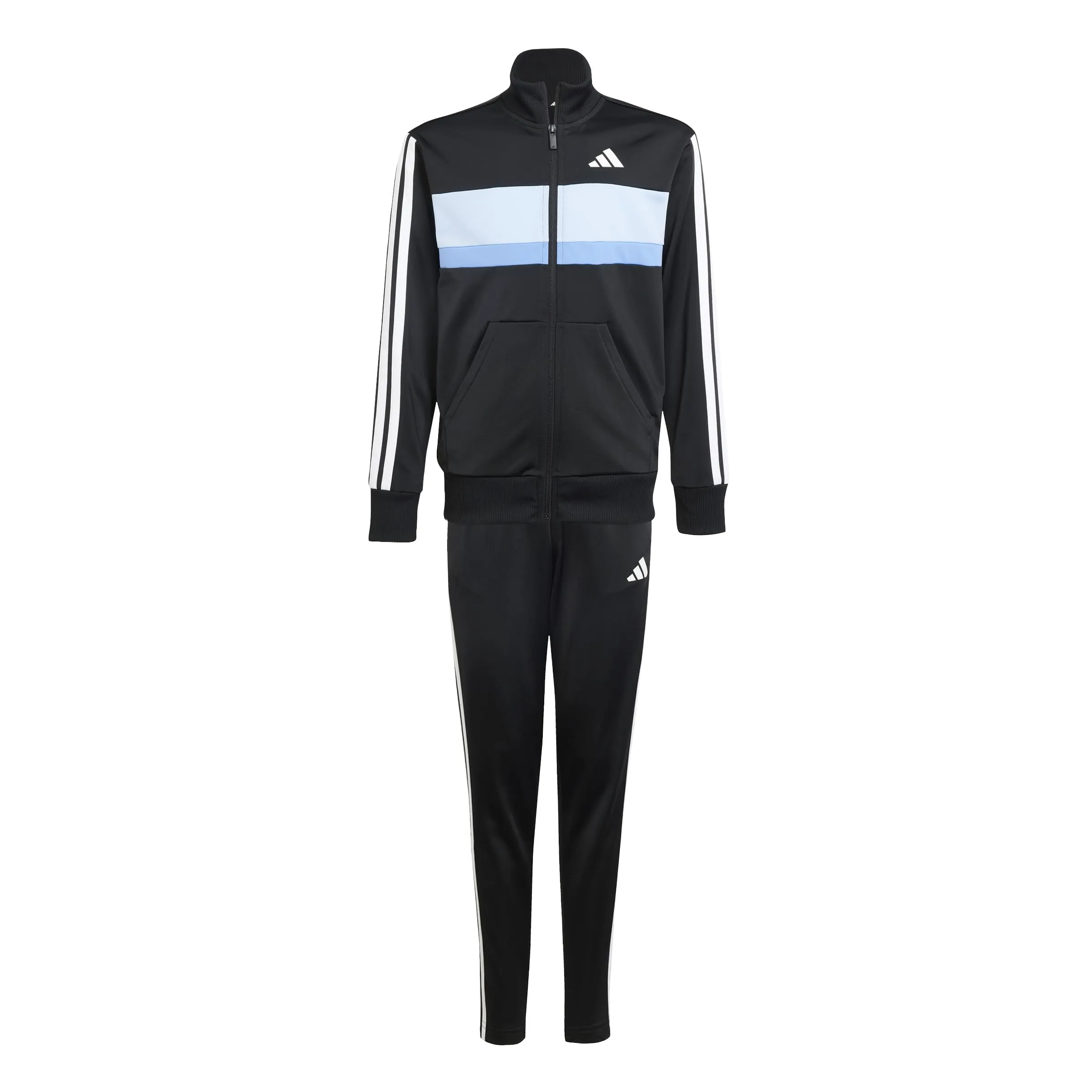 adidas Bambini Seasonal Essentials Tiberio 3 Stripes Tricot Tracksuit, Black/Glow Blue/Blue Fusion/White, 15-16 Years - immagine 1