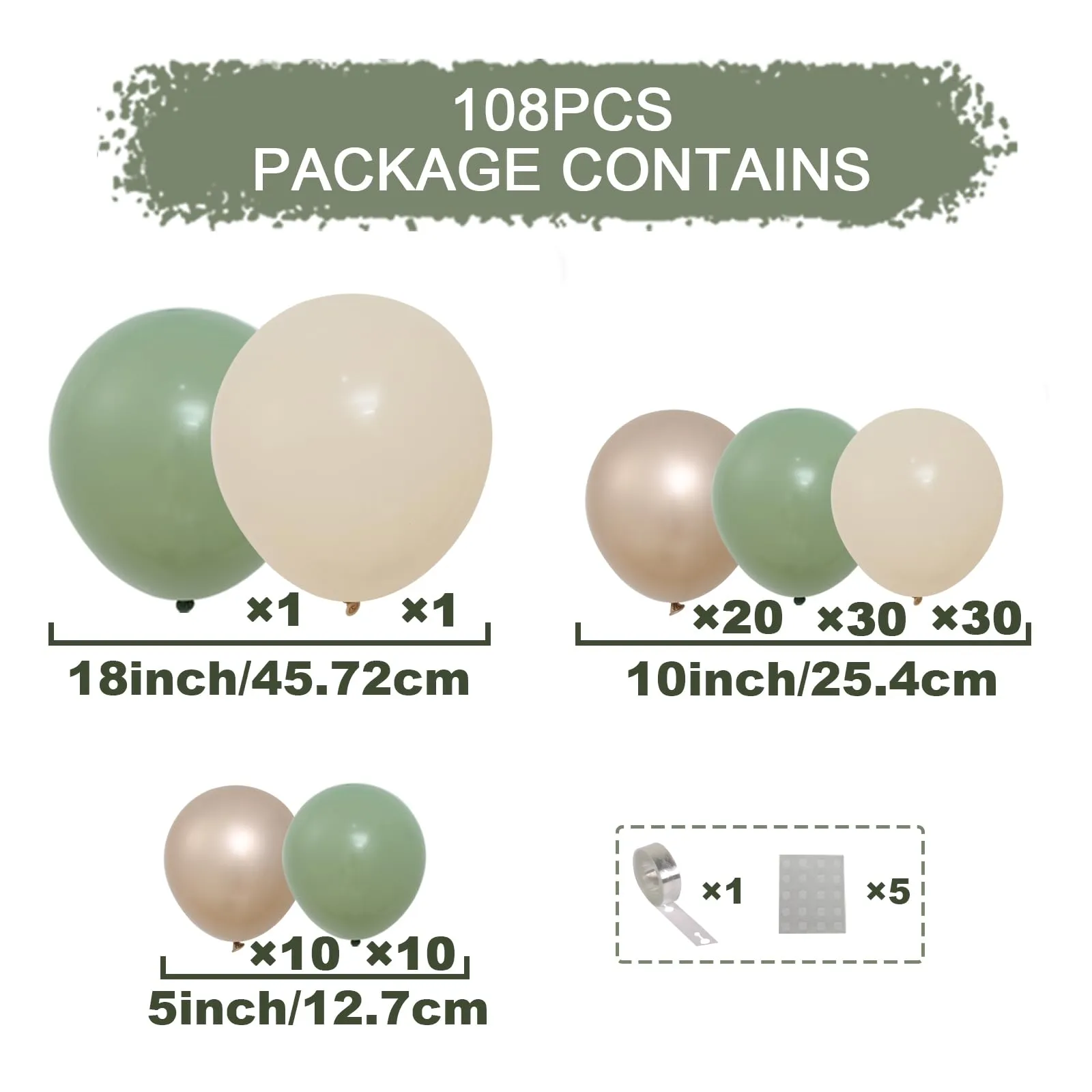 Frigg Kit Arco Palloncini Verde Salvia, Bianco e Oro, 108 Pezzi - immagine 3