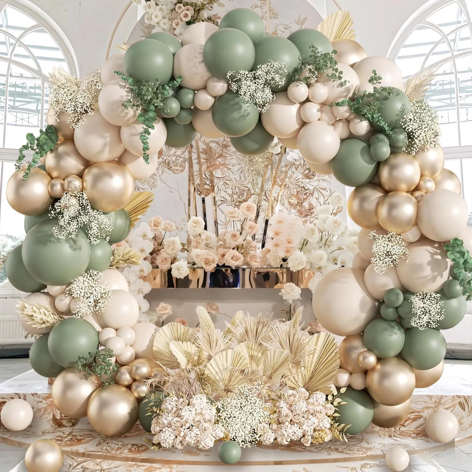 Frigg Kit Arco Palloncini Verde Salvia, Bianco e Oro, 108 Pezzi - immagine 5