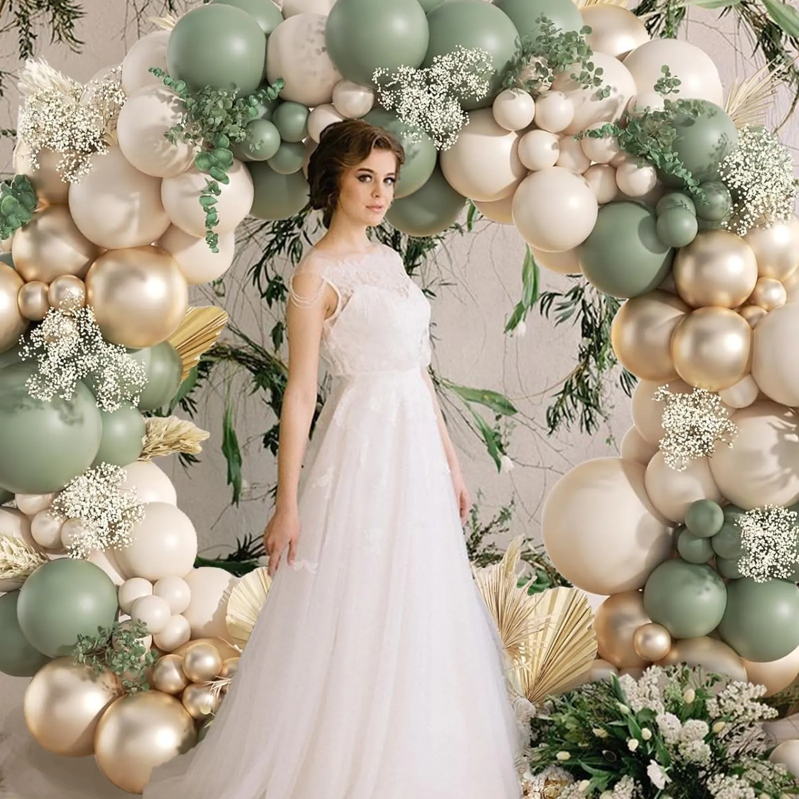 Frigg Kit Arco Palloncini Verde Salvia, Bianco e Oro, 108 Pezzi - immagine 7