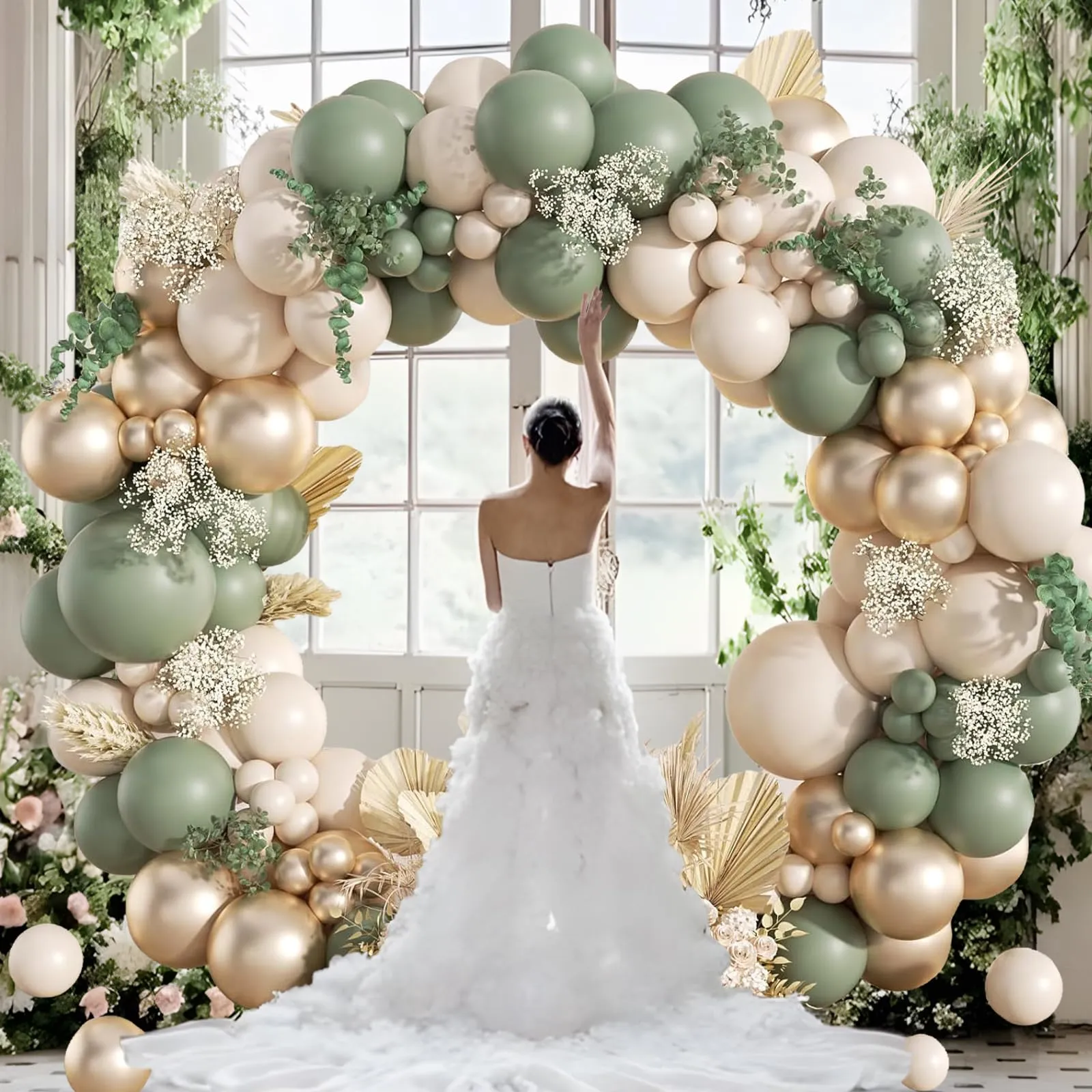Frigg Kit Arco Palloncini Verde Salvia, Bianco e Oro, 108 Pezzi - immagine 8