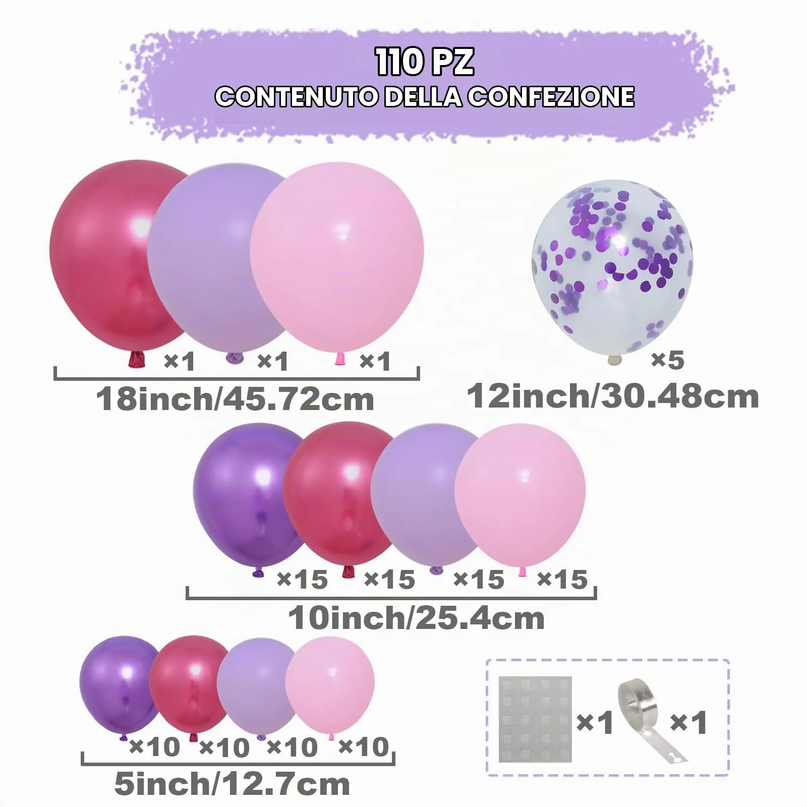 Frigg Kit Arco Palloncini Rosa e Viola, 110 Pezzi con Confetti e Palloncini Metallizzati - immagine 2