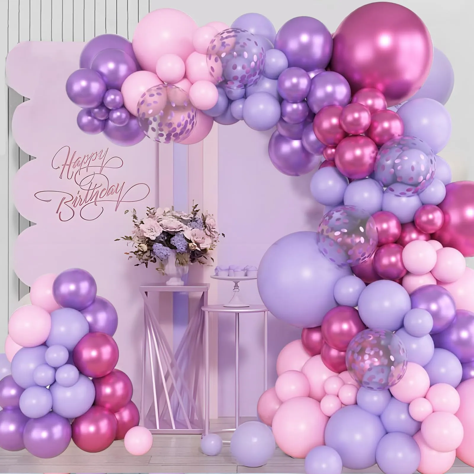 Frigg Kit Arco Palloncini Rosa e Viola, 110 Pezzi con Confetti e Palloncini Metallizzati - immagine 3