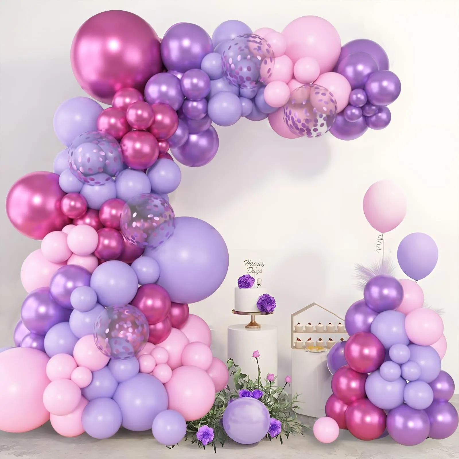 Frigg Kit Arco Palloncini Rosa e Viola, 110 Pezzi con Confetti e Palloncini Metallizzati - immagine 4