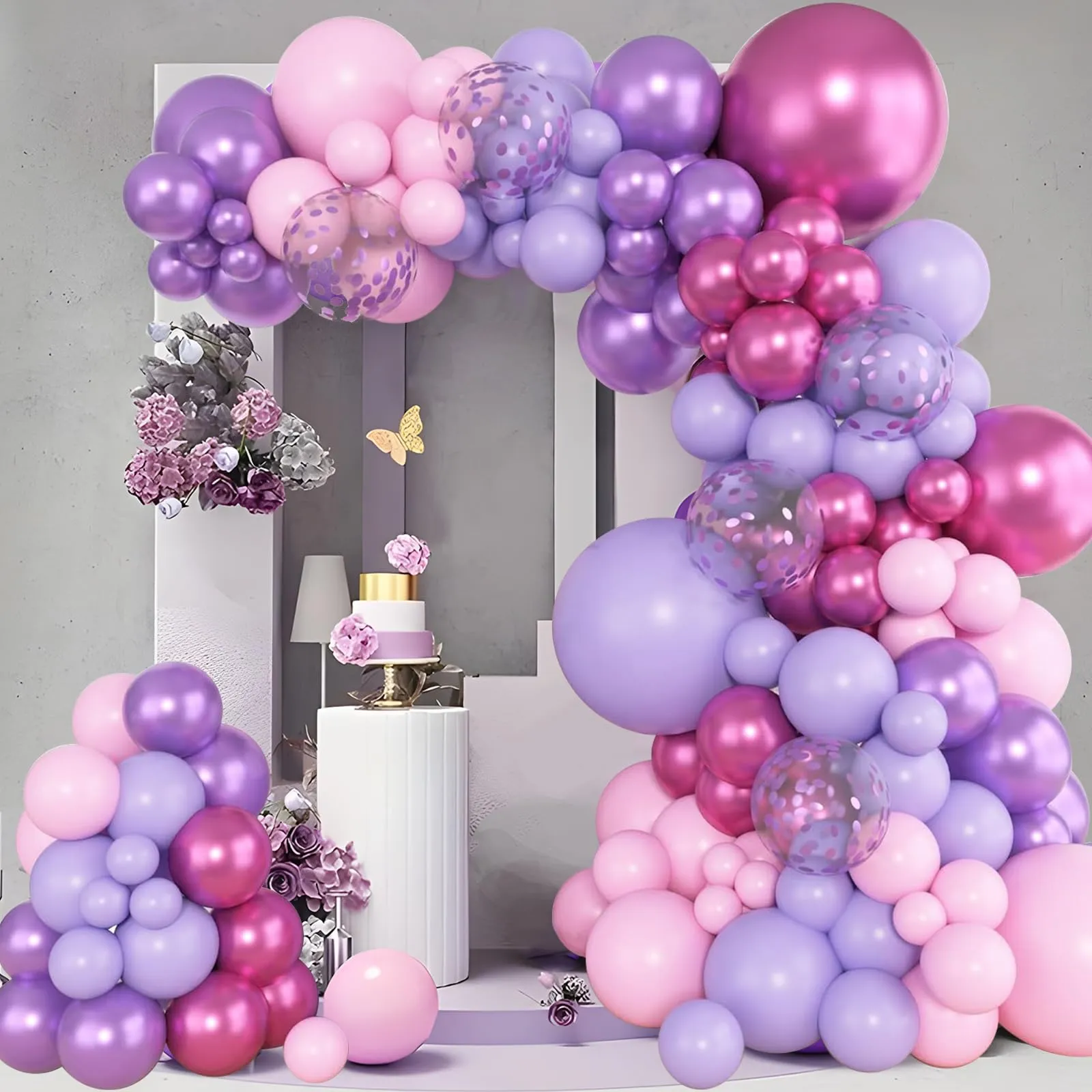Frigg Kit Arco Palloncini Rosa e Viola, 110 Pezzi con Confetti e Palloncini Metallizzati - immagine 6