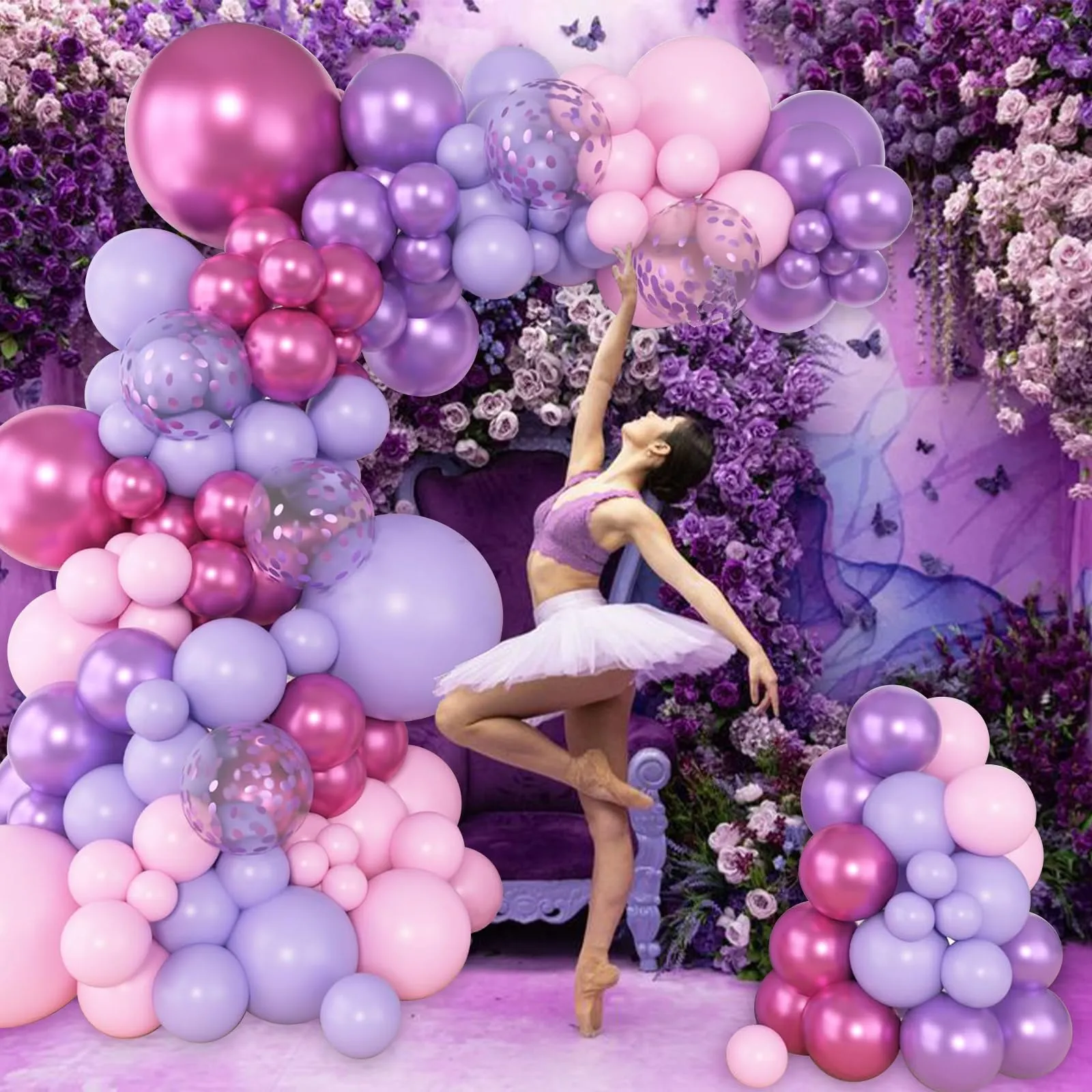 Frigg Kit Arco Palloncini Rosa e Viola, 110 Pezzi con Confetti e Palloncini Metallizzati - immagine 7