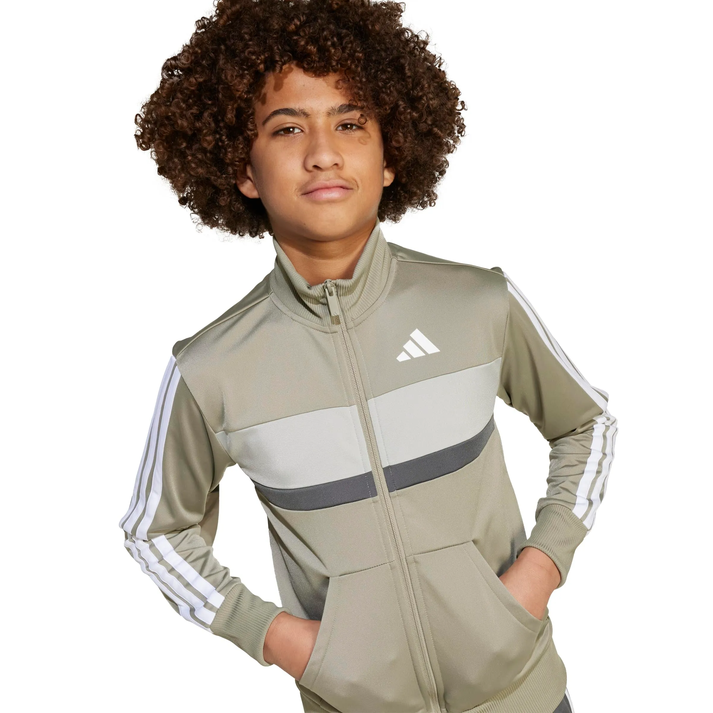 adidas Seasonal Essentials Tiberio 3 Stripes Tricot Track Suit, Silver Pebble/Grey Six/Metal Grey/White, 9-10 Years - immagine 4