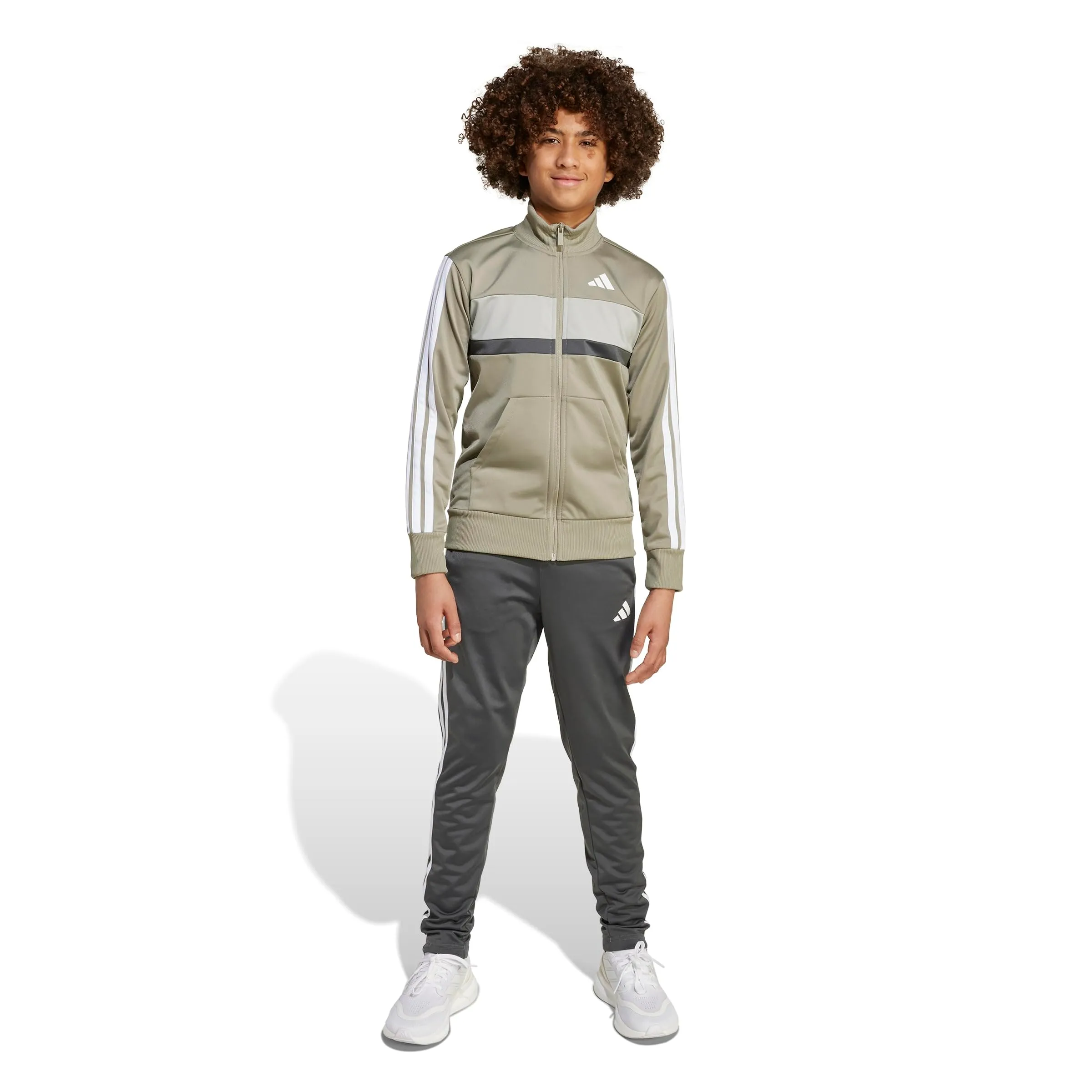 adidas Seasonal Essentials Tiberio 3 Stripes Tricot Track Suit, Silver Pebble/Grey Six/Metal Grey/White, 7-8 Years - immagine 3