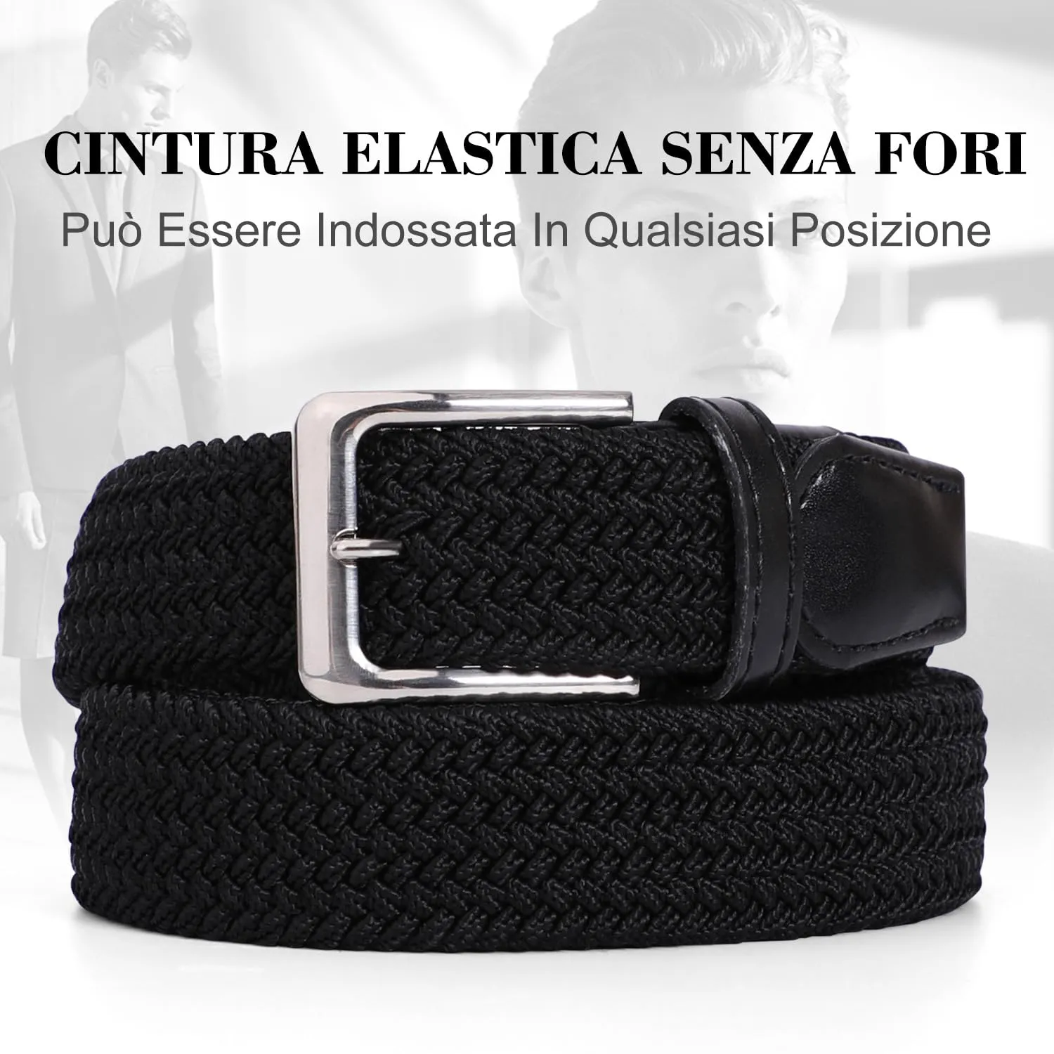 VONMELLI Cintura Elastica Intrecciata Regolabile per Uomo, Nero, M - immagine 4