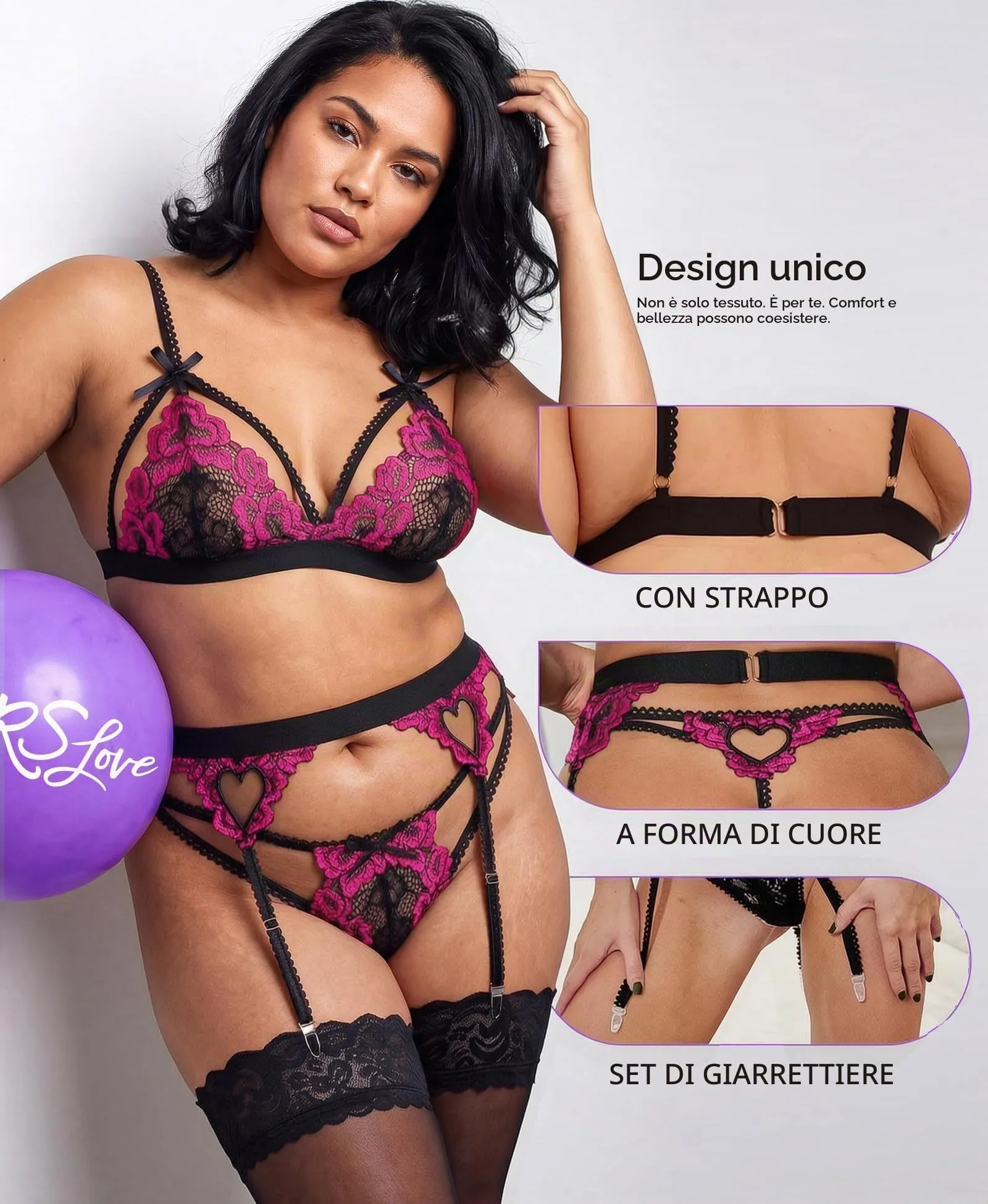 RSLOVE Set Lingerie in Pizzo con Reggiseno, Slip e Giarrettiera, L - immagine 3