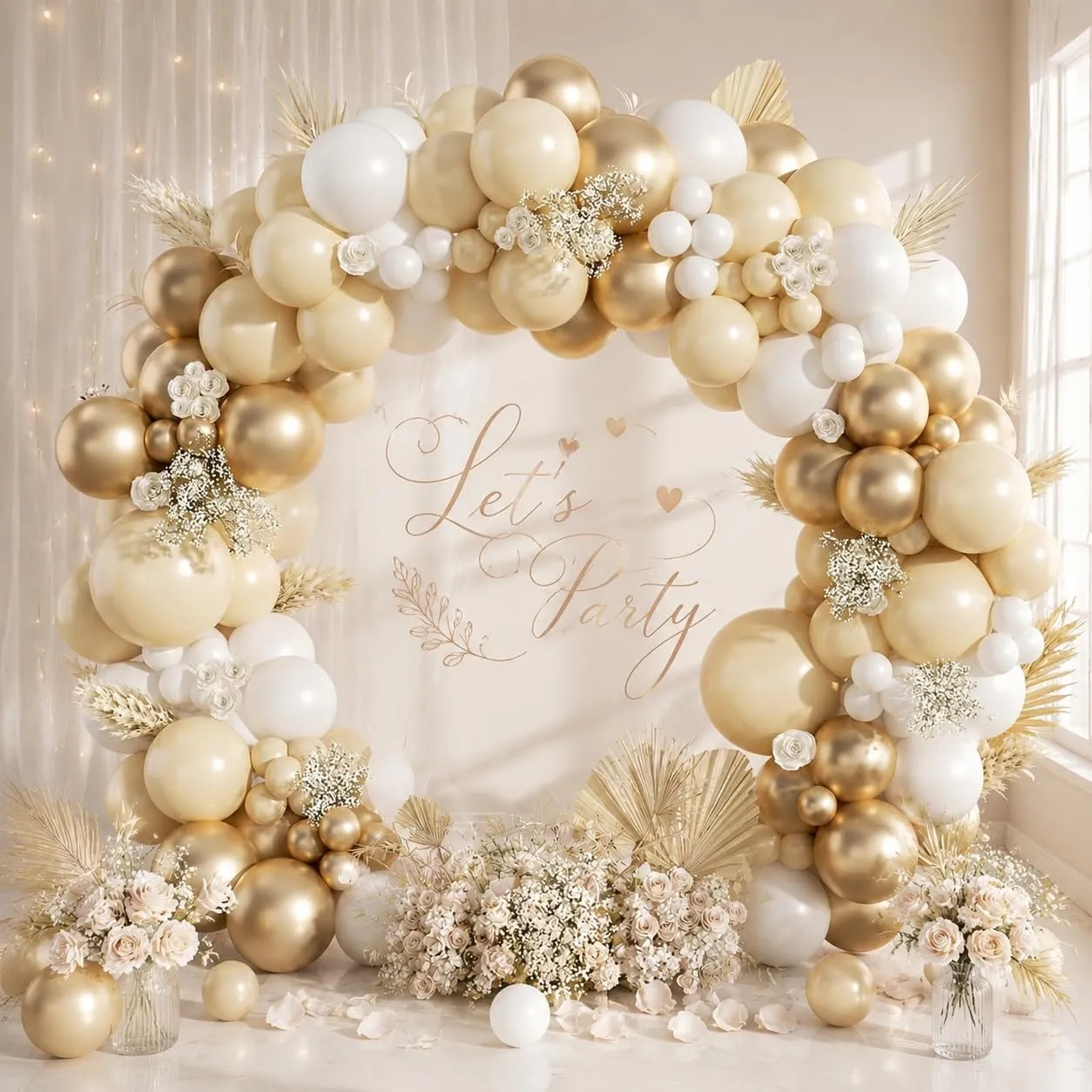 fairymaiden Kit Ghirlanda Palloncini Bianco Sabbia e Oro, 128 Pezzi - immagine 1