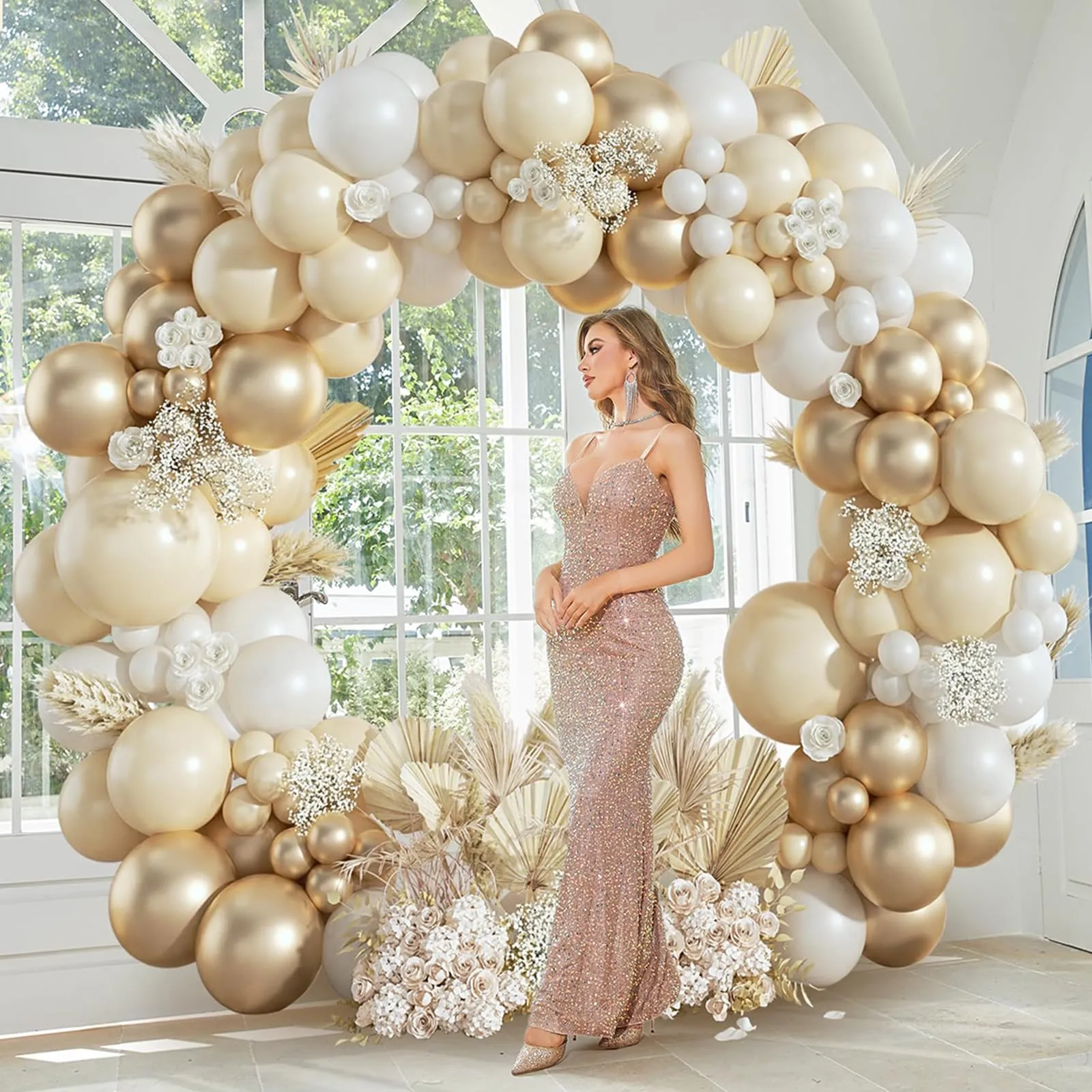 fairymaiden Kit Ghirlanda Palloncini Bianco Sabbia e Oro, 128 Pezzi - immagine 2