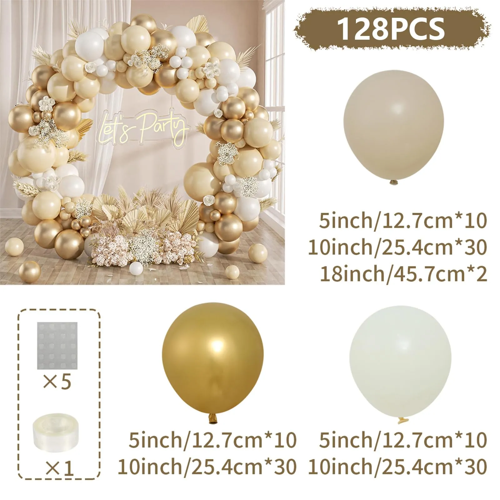 fairymaiden Kit Ghirlanda Palloncini Bianco Sabbia e Oro, 128 Pezzi - immagine 3