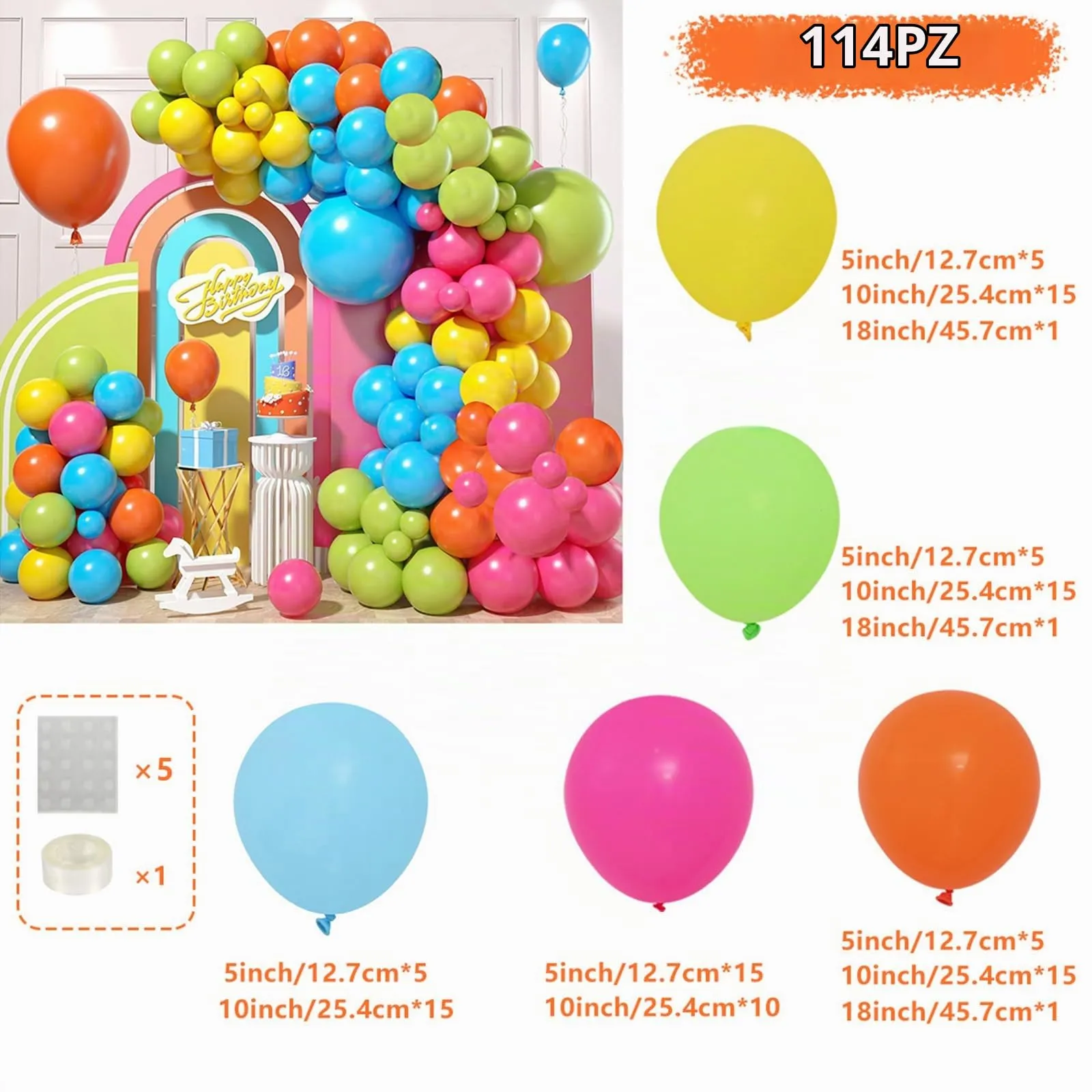 fairymaiden Kit Arco Palloncini Arcobaleno, 114 Pezzi Ghirlanda Palloncini Colorati Misti - immagine 2