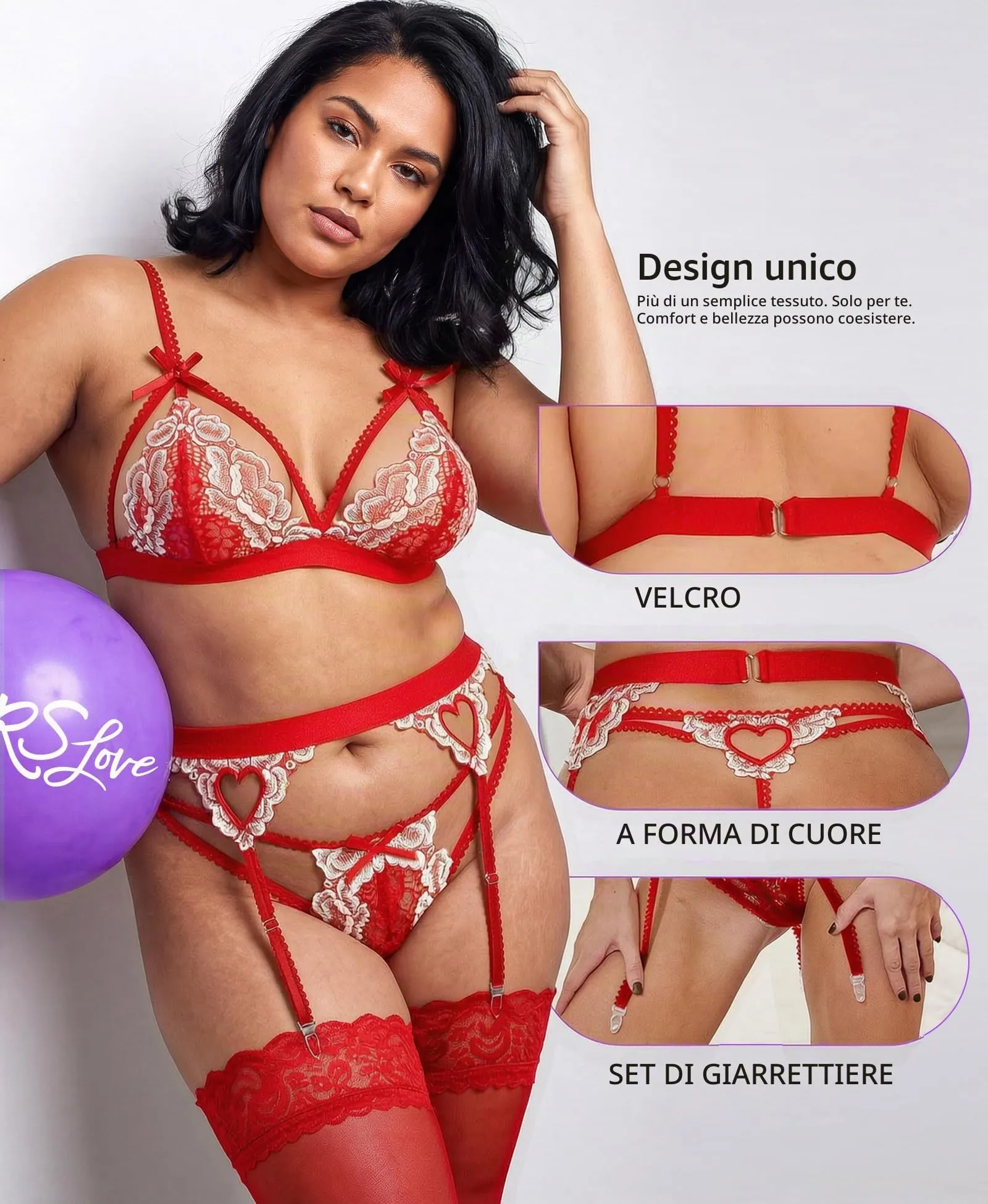 RSLOVE Set Lingerie in Pizzo con Reggicalze, 3 Pezzi, M - immagine 4
