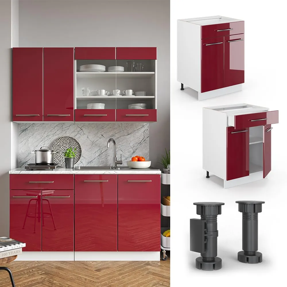 Vicco Mobiletto base per cucina Fame-Line, Bordeaux lucido, 60 cm - immagine 4