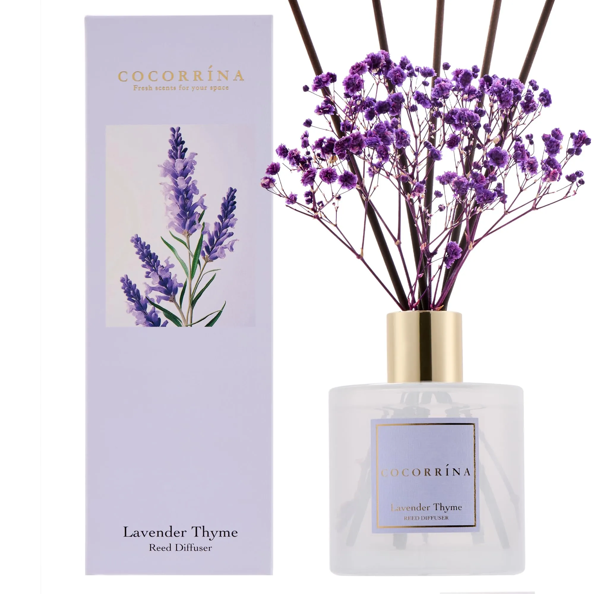 COCORRÍNA Diffusore di Profumo per Ambiente, Lavender Thyme, 200ml con 8 Bastoncini in Rattan - immagine 1