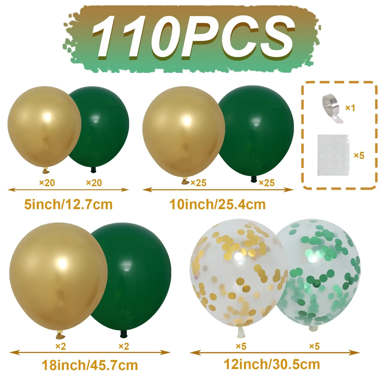 fairymaiden Kit Arco Ghirlanda di Palloncini Verde Scuro e Oro, 110 Pezzi - immagine 2
