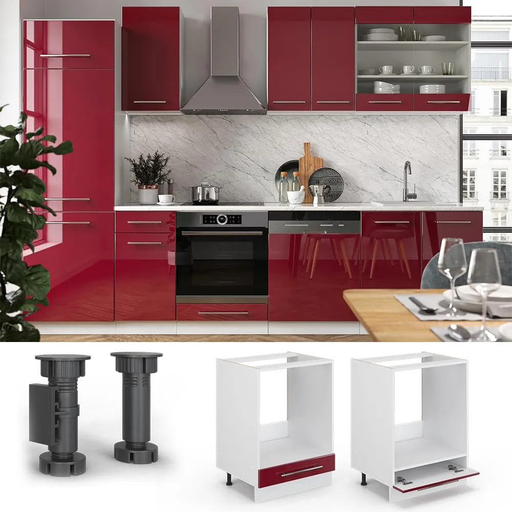 Vicco Mobile per forno da incasso Fame-Line, Bordeaux lucido, 60 cm - immagine 4