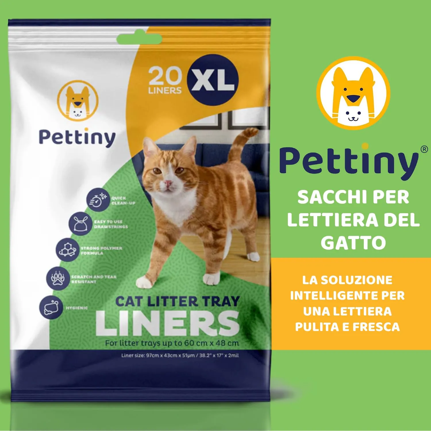 Pettiny Sacchetti per Lettiera per Gatti XL con Coulisse, Resistenti ai Graffi, Confezione da 20 pezzi - immagine 2