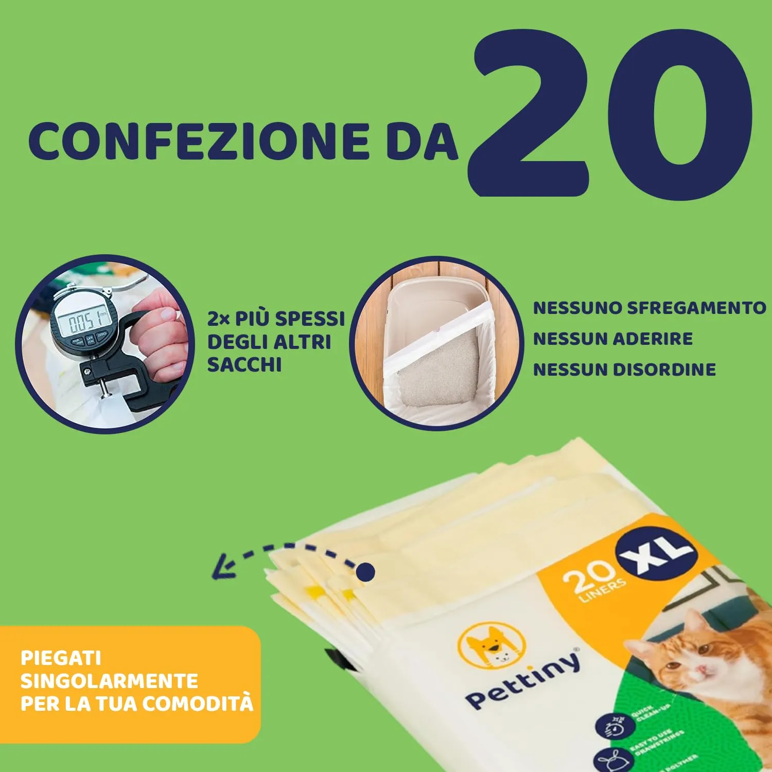 Pettiny Sacchetti per Lettiera per Gatti XL con Coulisse, Resistenti ai Graffi, Confezione da 20 pezzi - immagine 3
