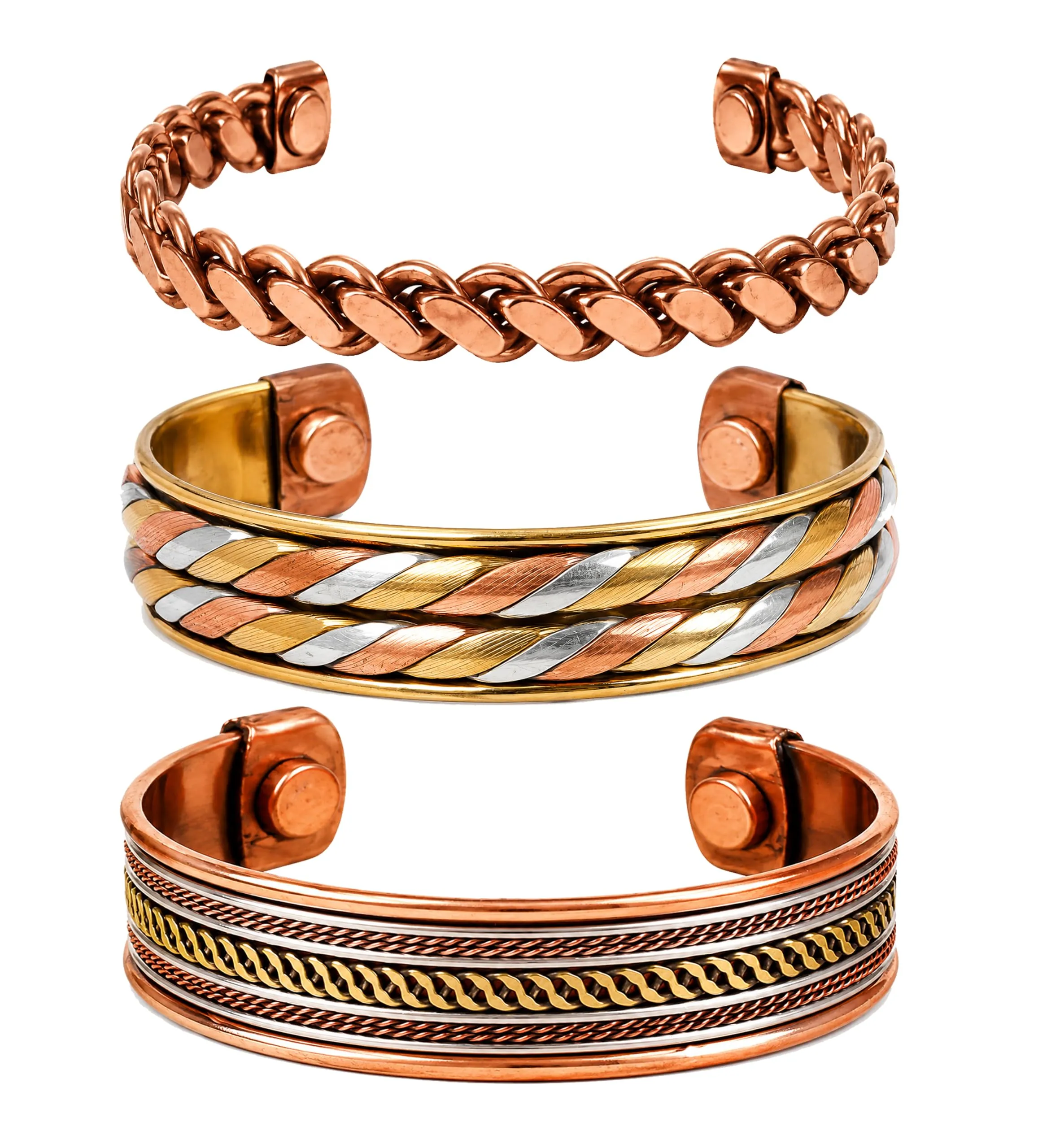 Touchstone Braccialetti indiani fatti a mano in rame e ottone con magnete, set da 3, regolabili - immagine 1