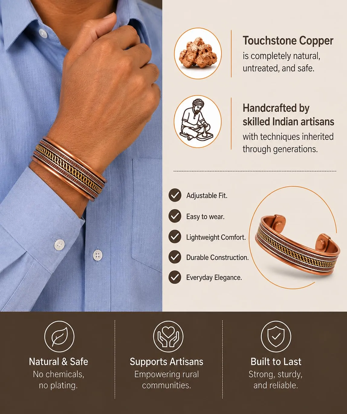 Touchstone Braccialetti indiani fatti a mano in rame e ottone con magnete, set da 3, regolabili - immagine 2