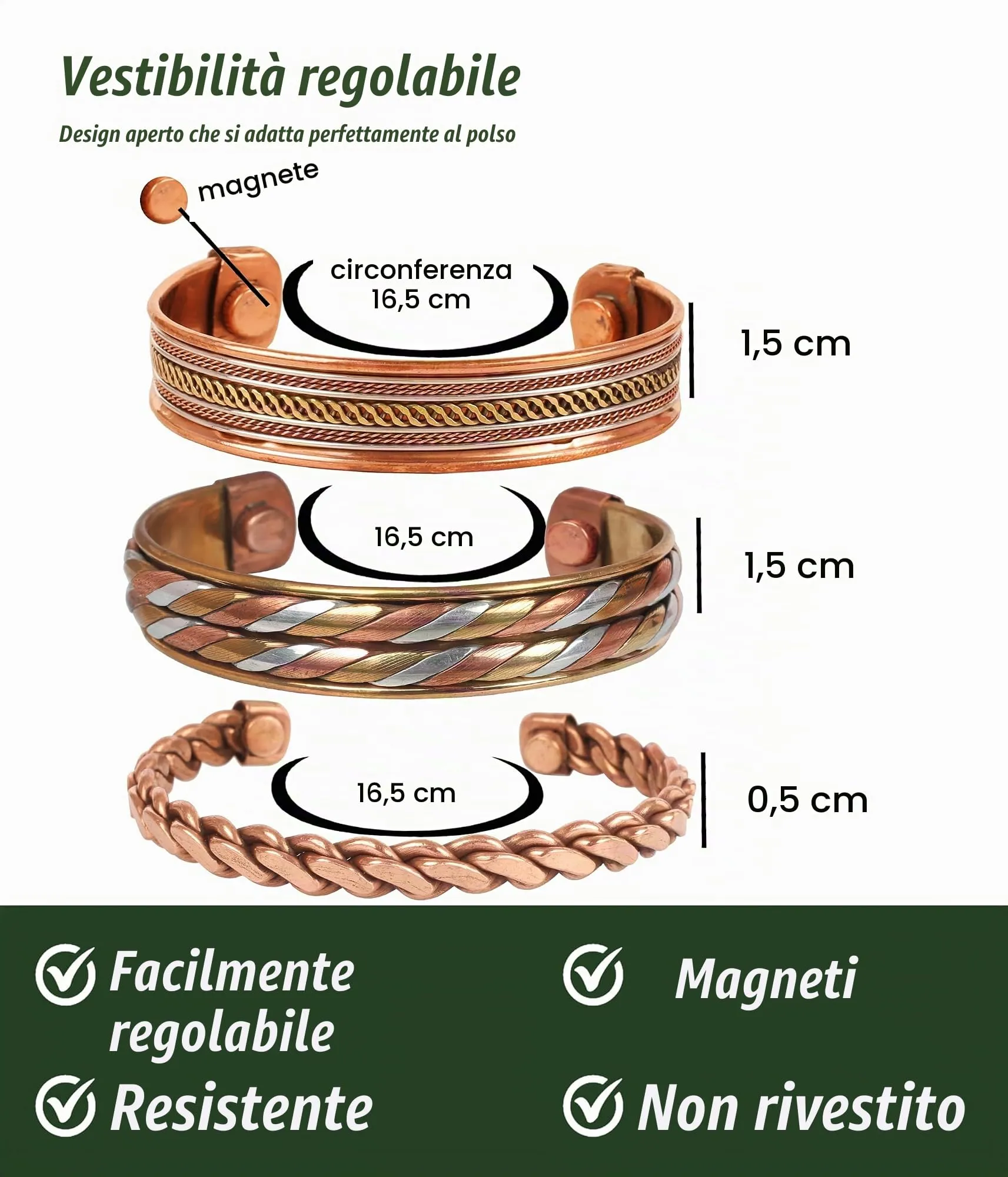 Touchstone Braccialetti indiani fatti a mano in rame e ottone con magnete, set da 3, regolabili - immagine 3