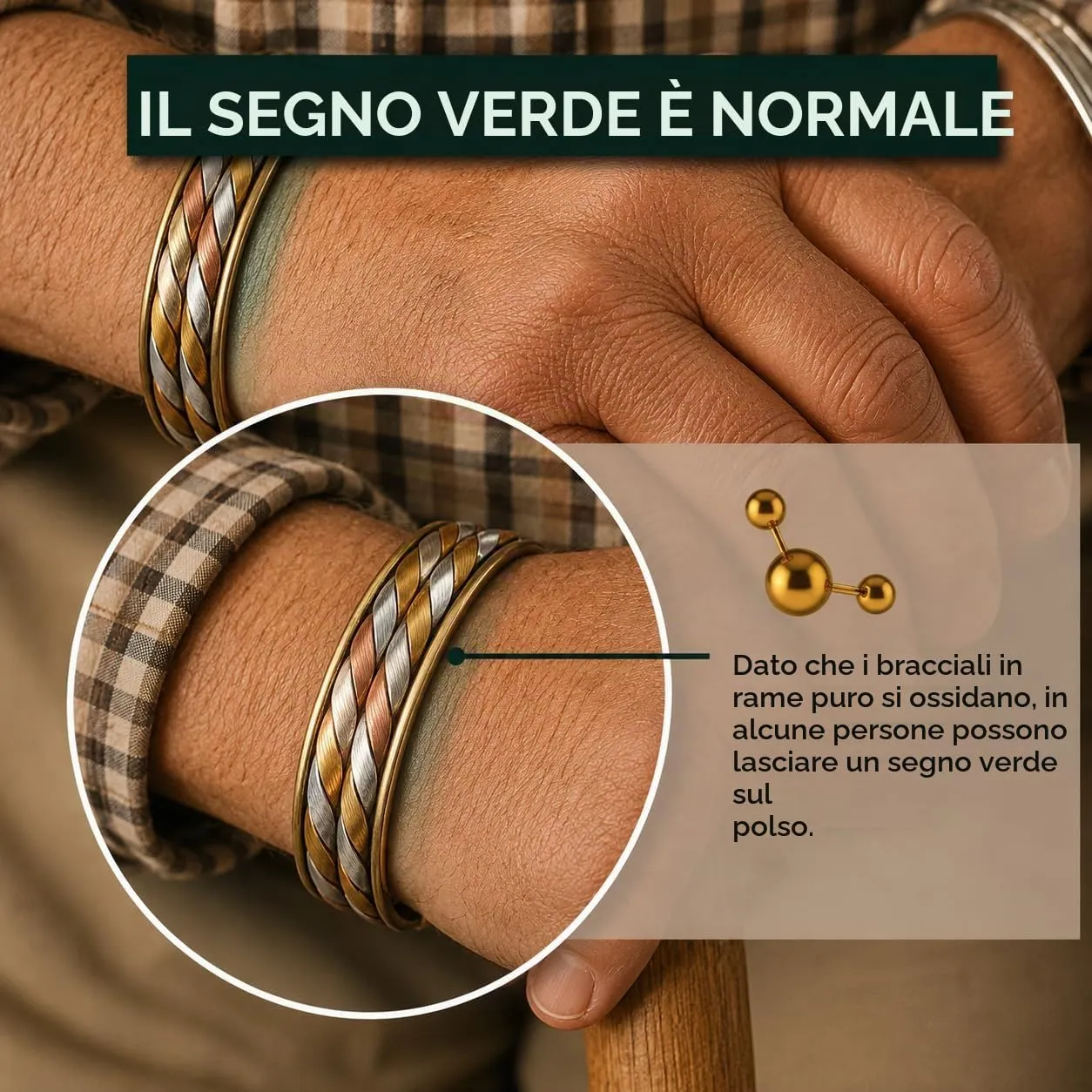 Touchstone Braccialetti indiani fatti a mano in rame e ottone con magnete, set da 3, regolabili - immagine 7