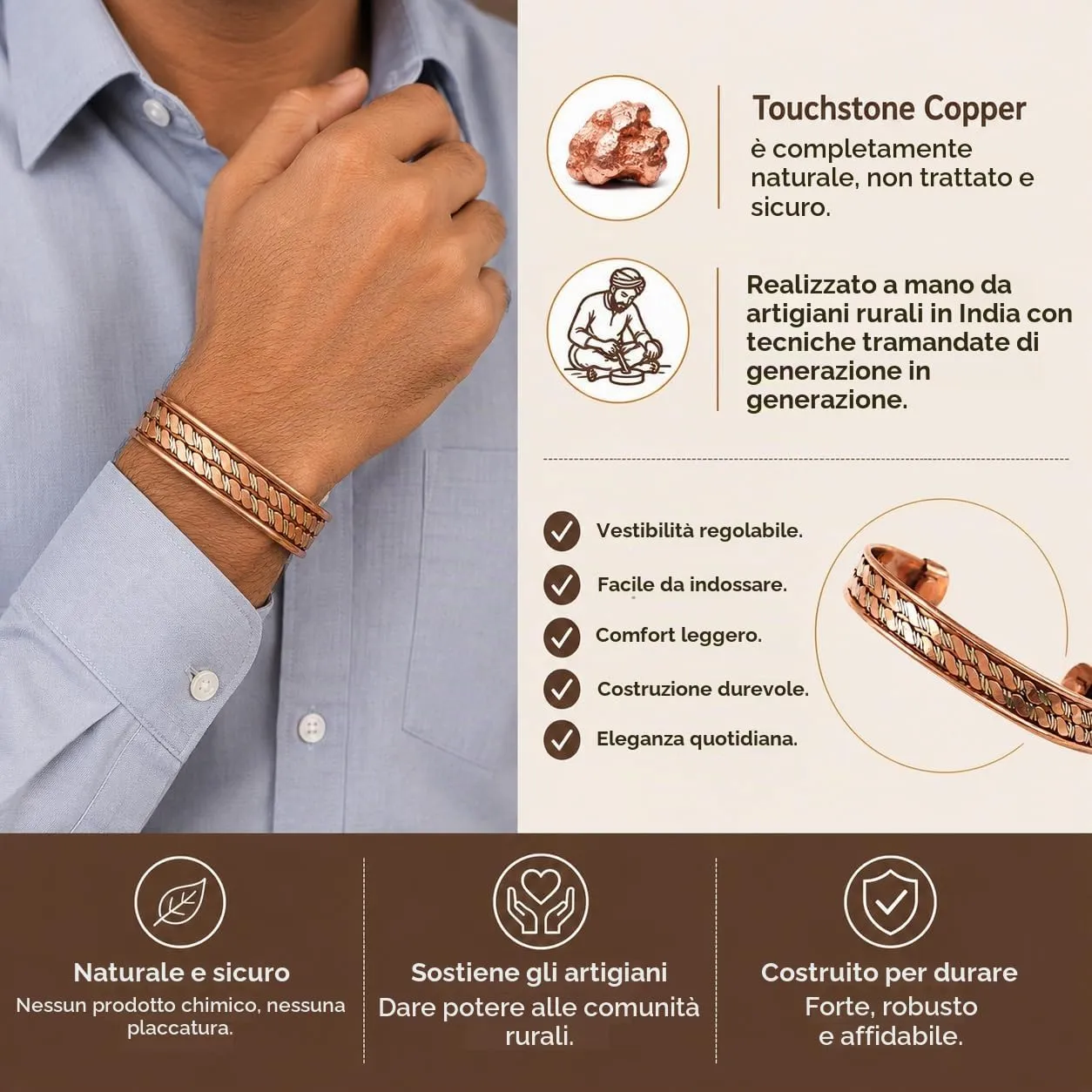 Touchstone Braccialetto Buddista Tibetano in Rame e Ottone, Set di 3 - immagine 2