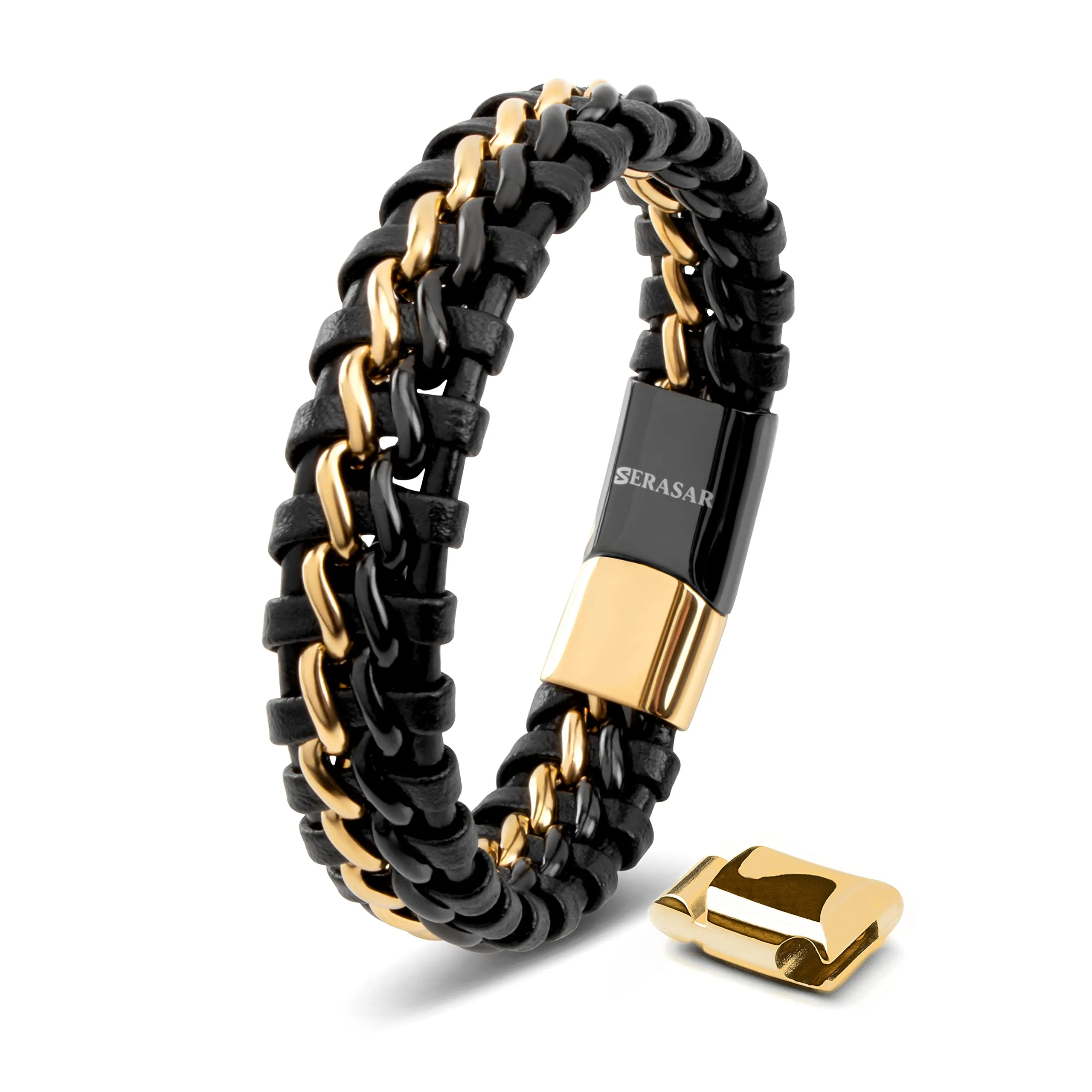 SERASAR Bracciale Uomo in Pelle Intrecciata Nera e Oro, 17cm - immagine 1