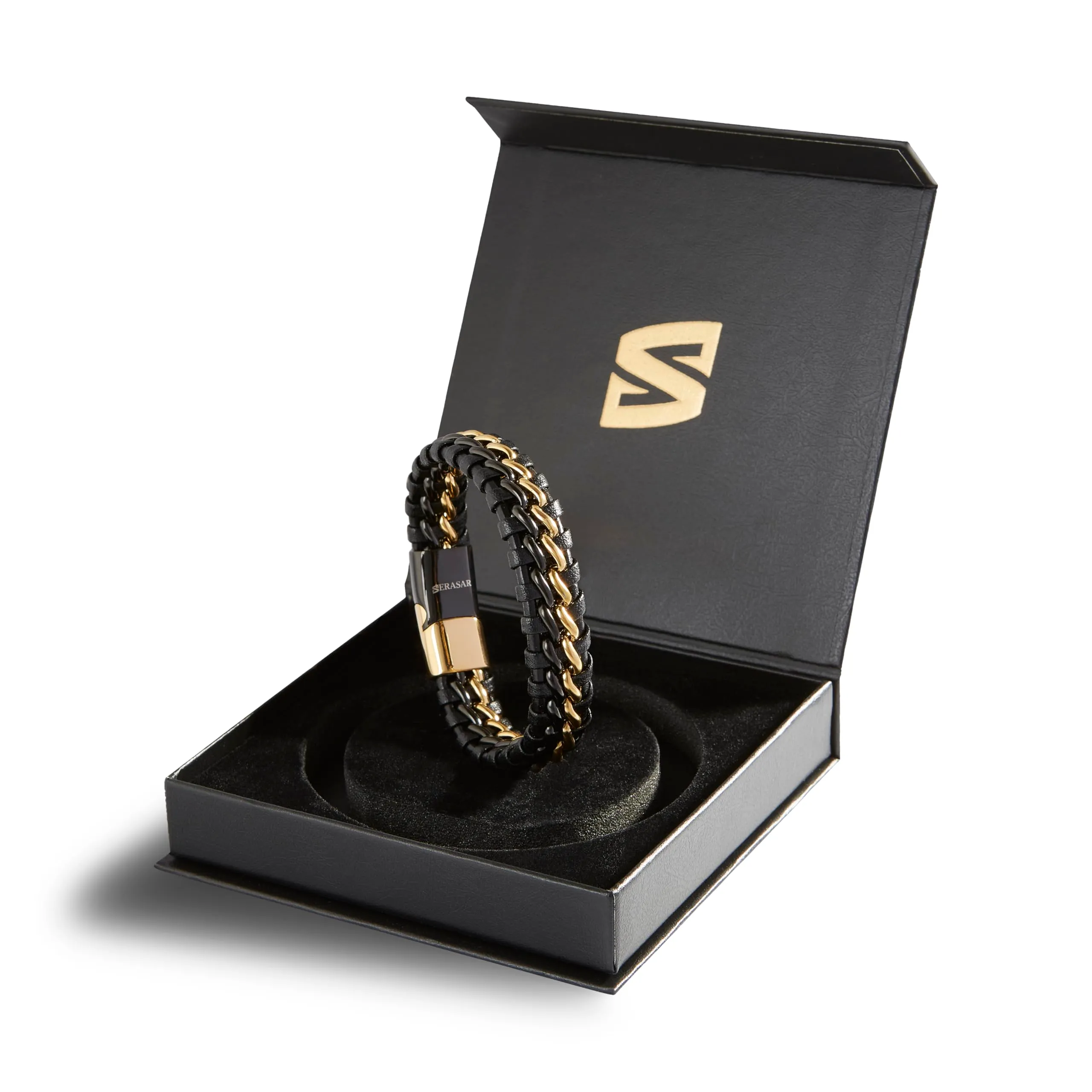 SERASAR Bracciale Uomo in Pelle Intrecciata Nera e Oro, 17cm - immagine 2