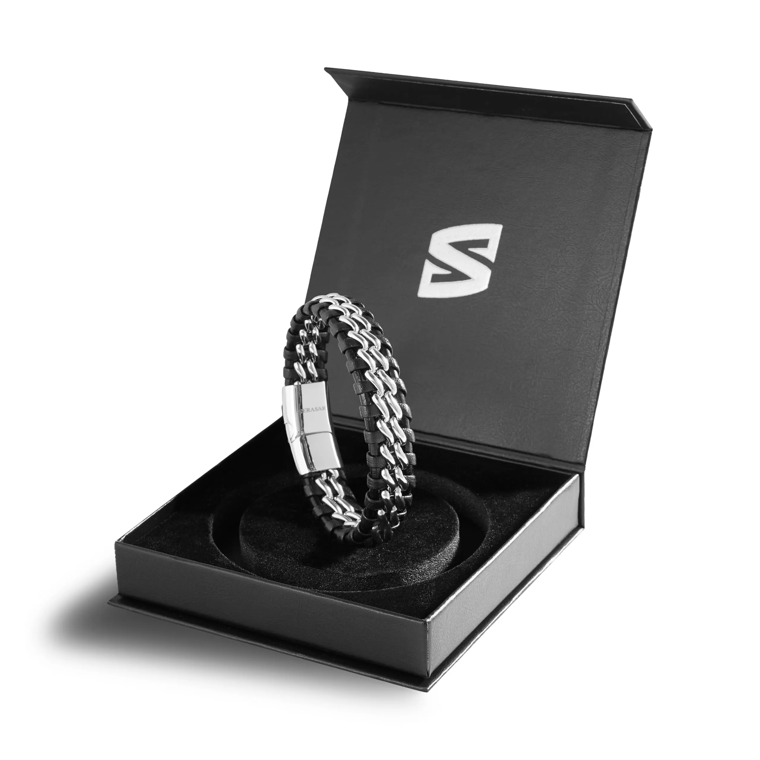SERASAR Bracciale Uomo in Pelle Nera, 23cm - immagine 2