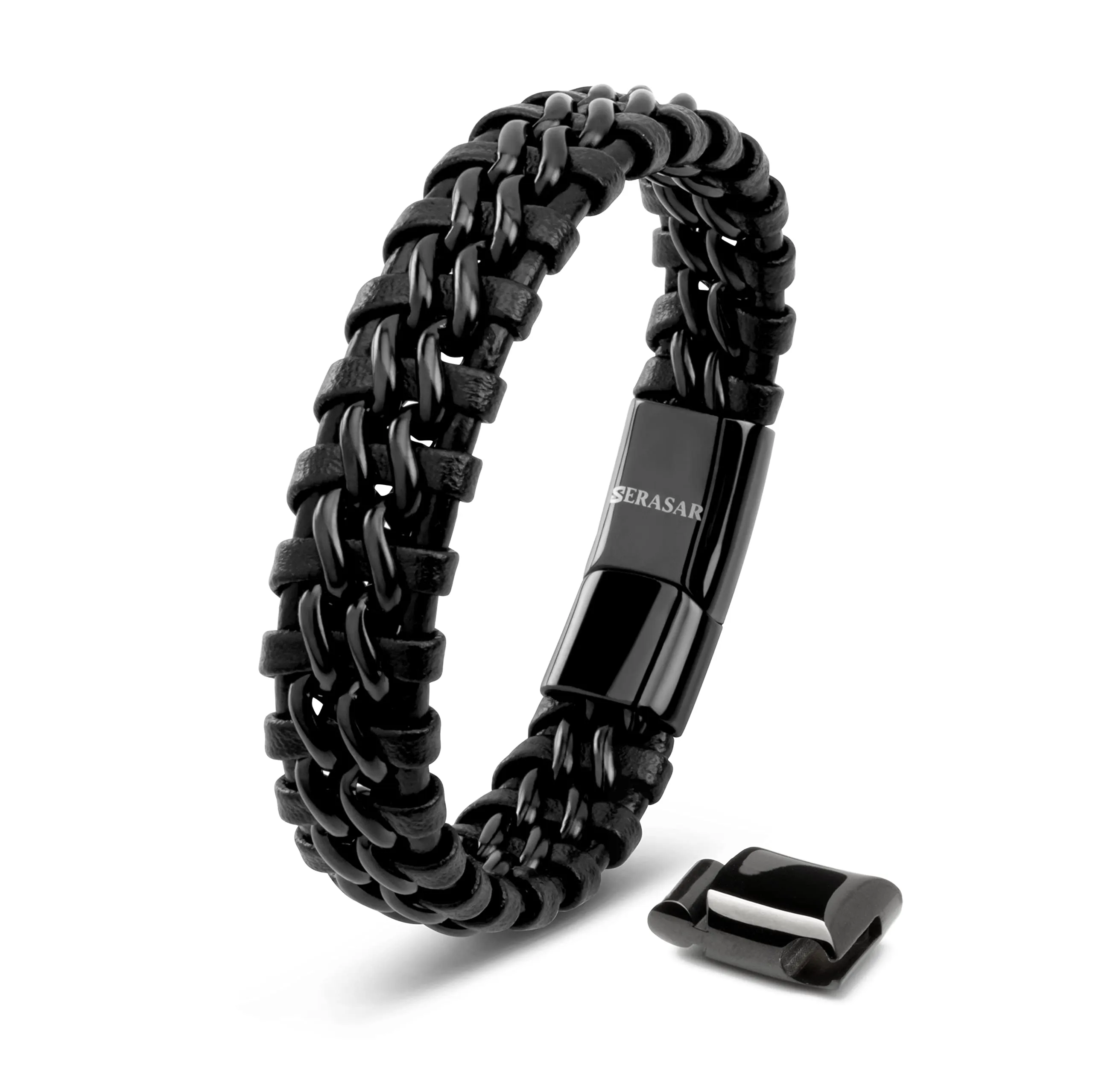 SERASAR Bracciale Uomo in Pelle Nera 17cm - immagine 1