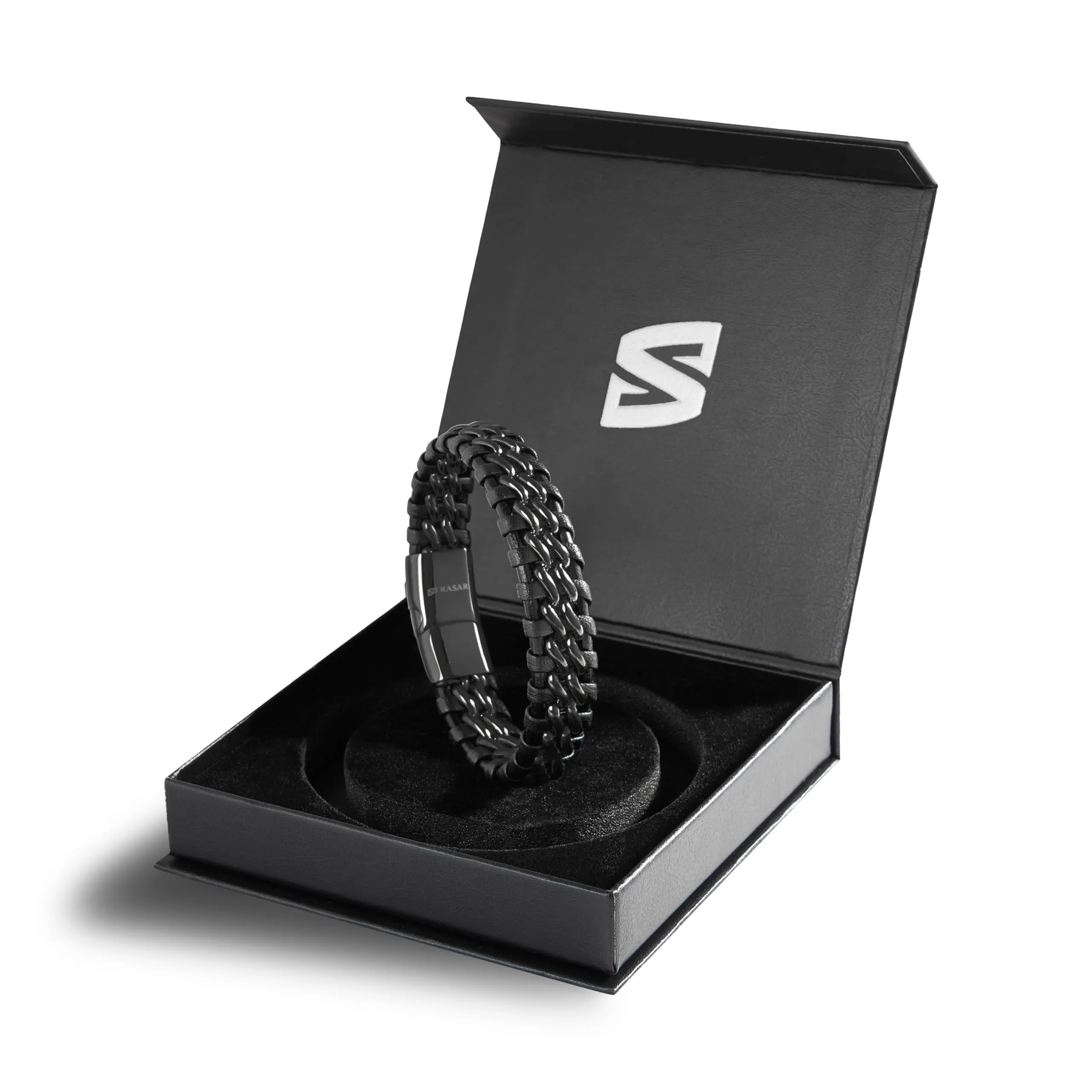 SERASAR Bracciale Uomo in Pelle Nera 17cm - immagine 2
