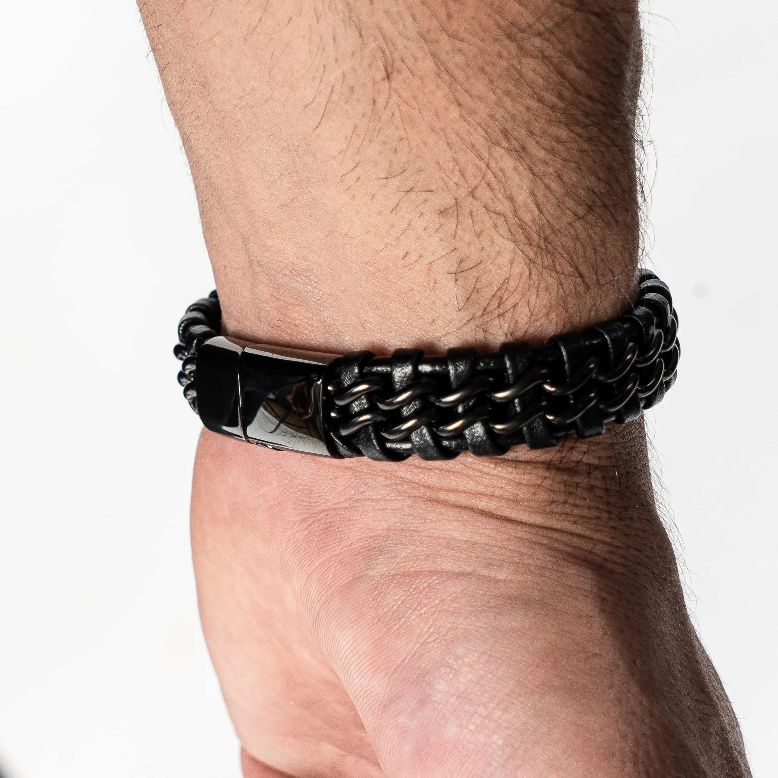 SERASAR Bracciale Uomo in Pelle Nera 17cm - immagine 5