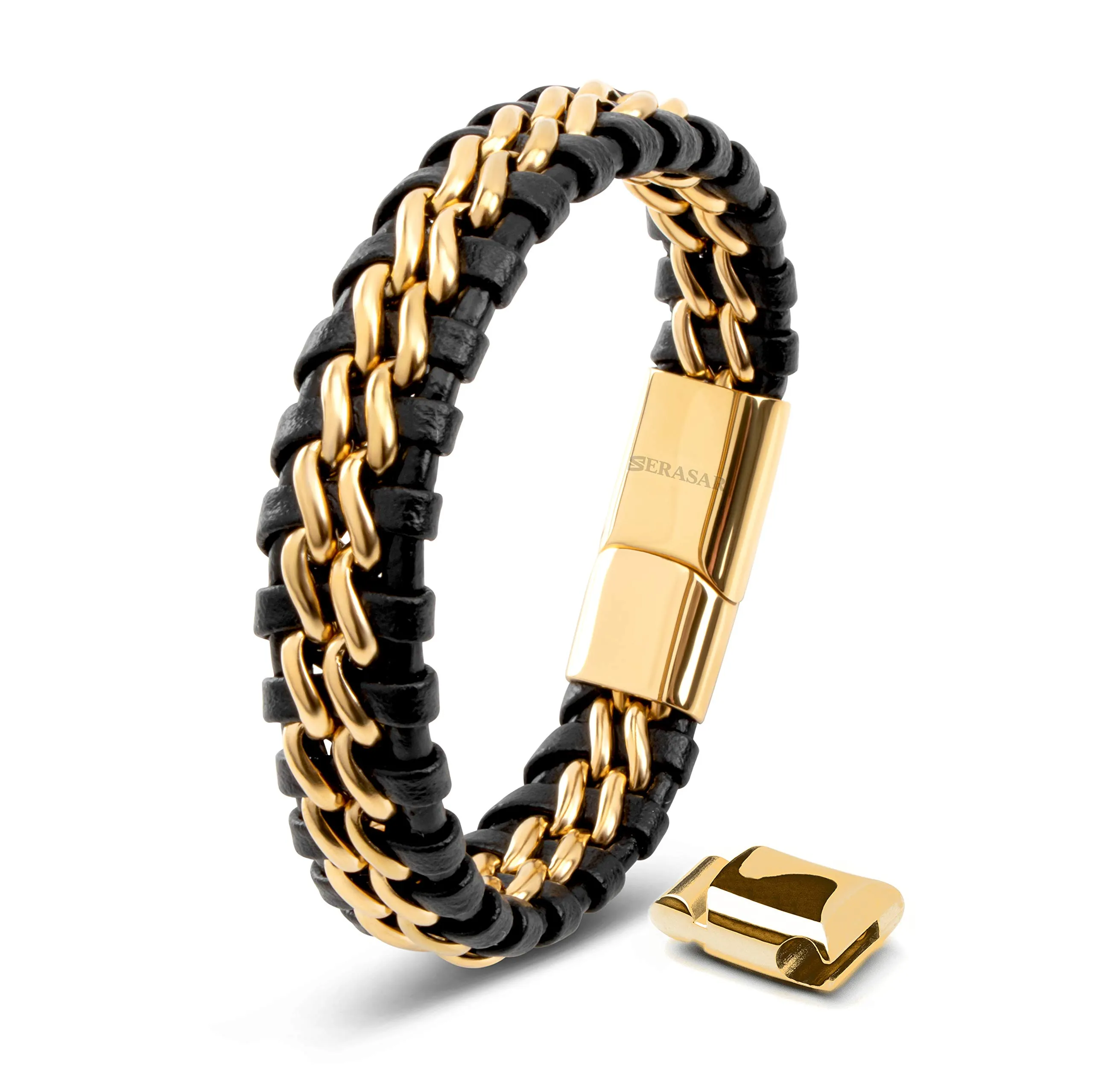 SERASAR Bracciale Uomo in Pelle Nera e Acciaio Oro, 20cm - immagine 1