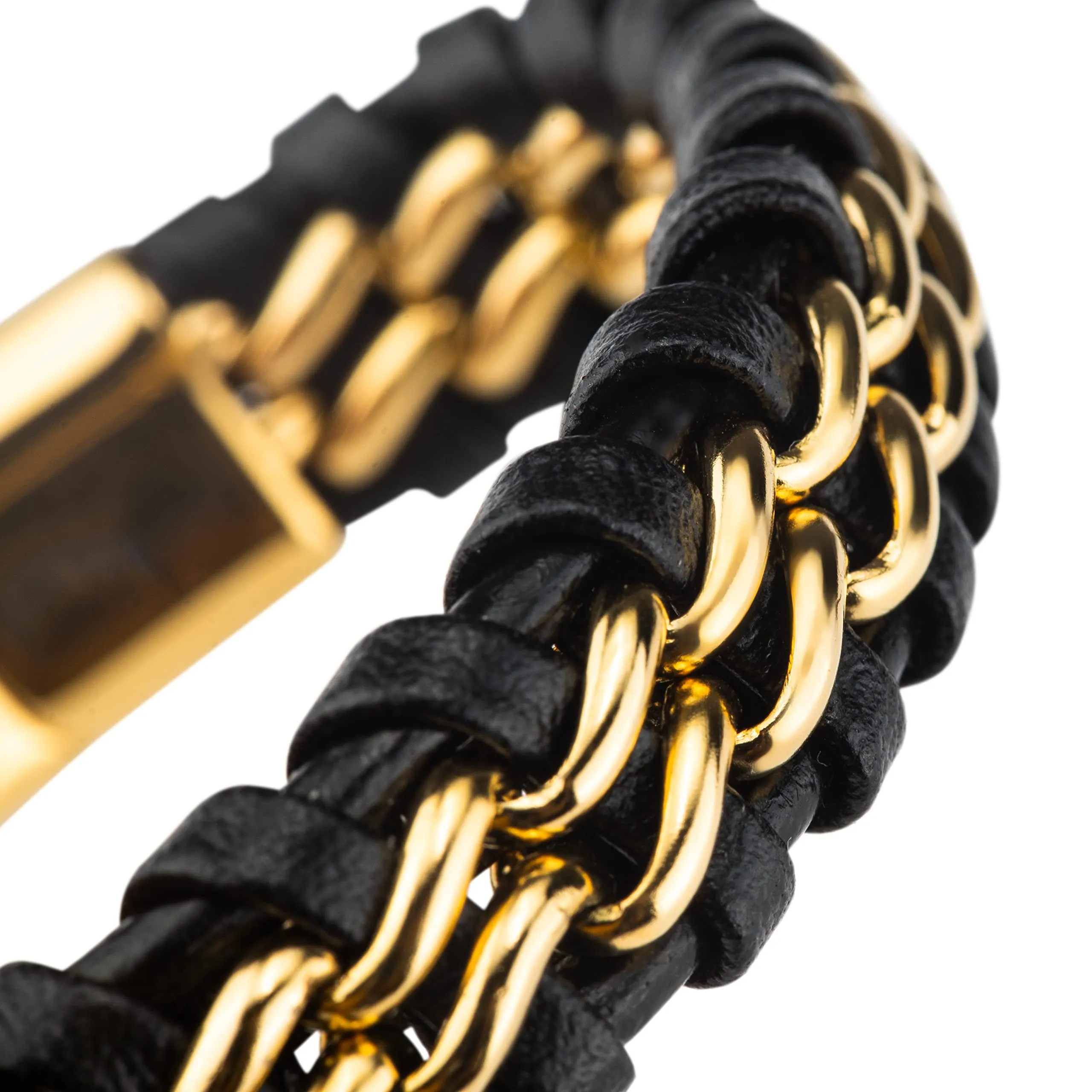 SERASAR Bracciale Uomo in Pelle Nera e Acciaio Oro, 20cm - immagine 8