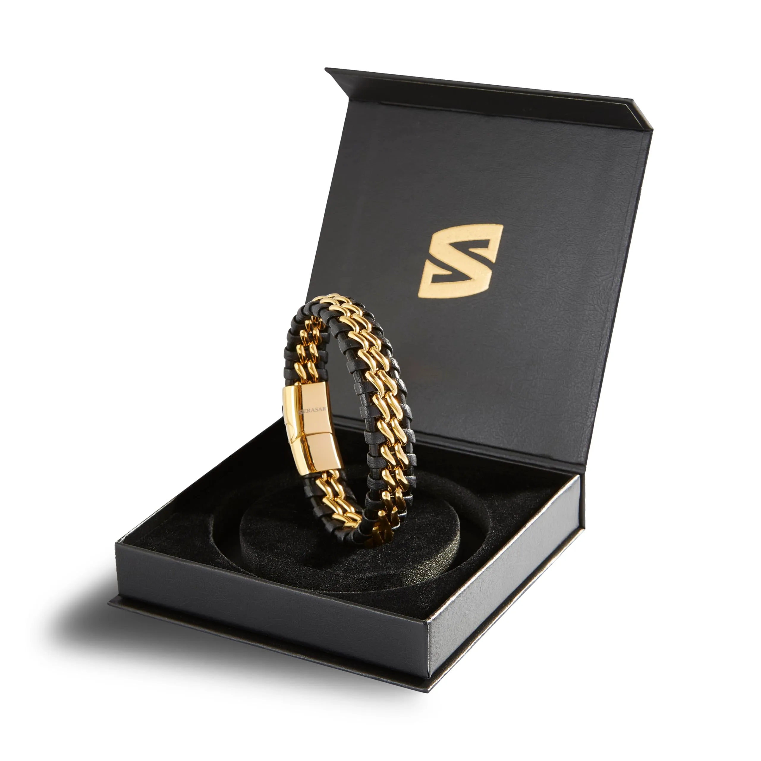 SERASAR Bracciale Uomo in Pelle Intrecciata Nera e Oro, 17cm - immagine 2